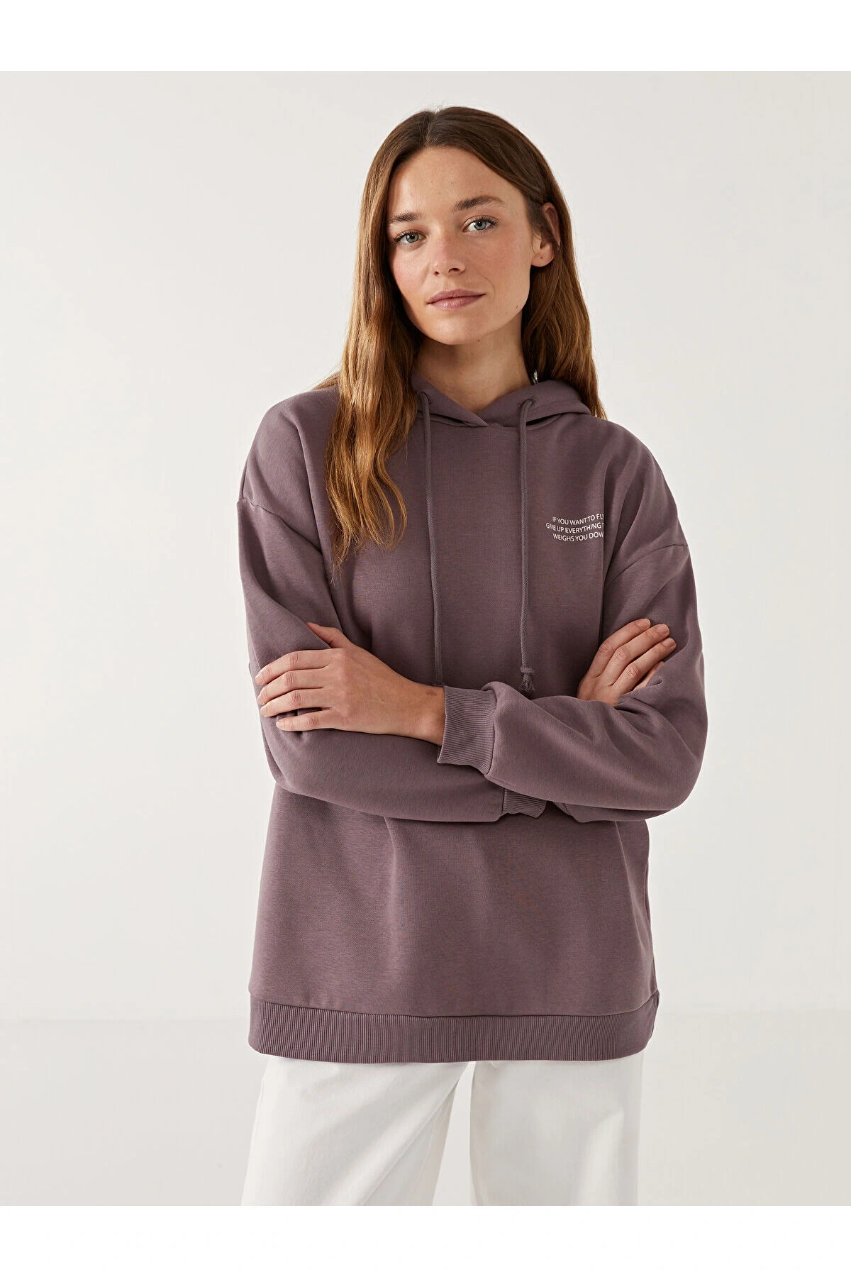 LCW Modest Kapüşonlu Baskılı Oversize Kadın Sweatshirt Tunik