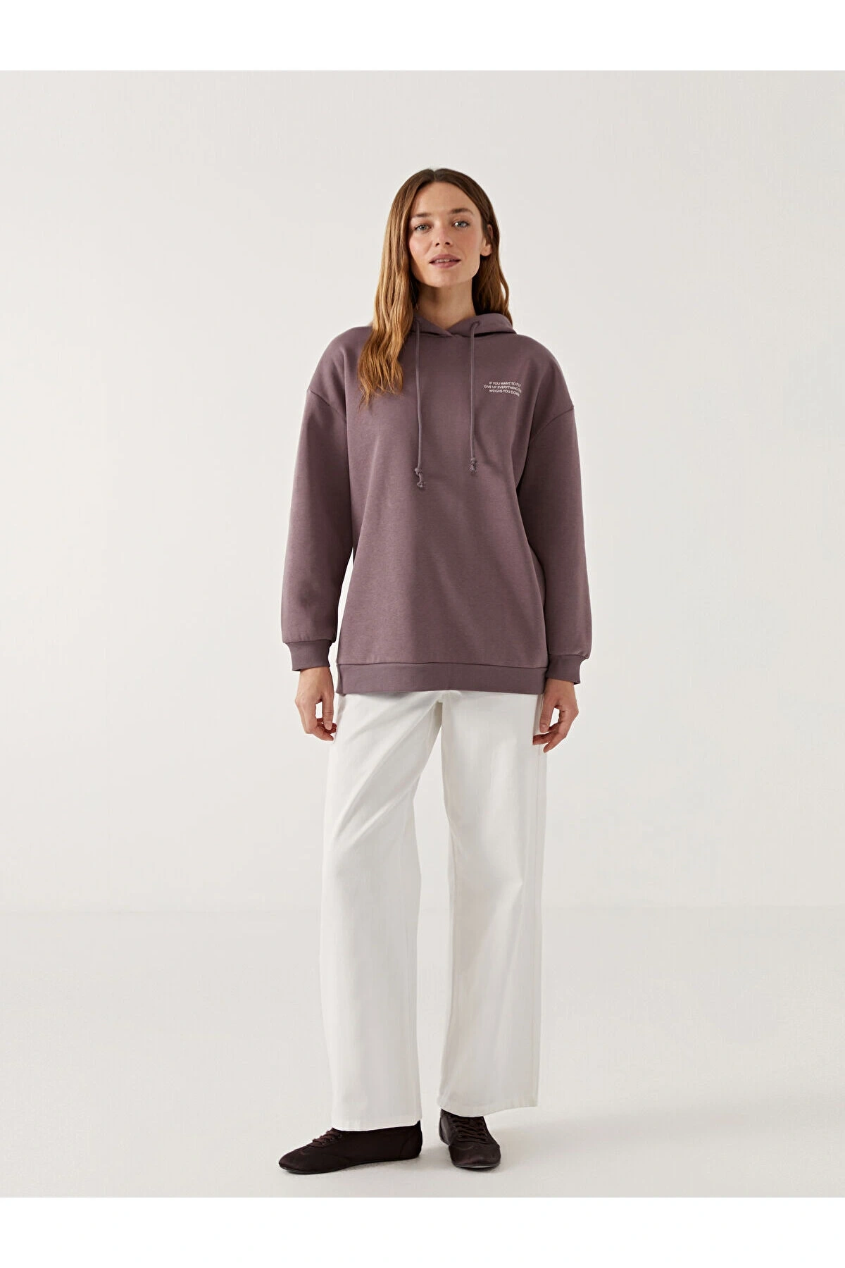 LCW Modest Kapüşonlu Baskılı Oversize Kadın Sweatshirt Tunik