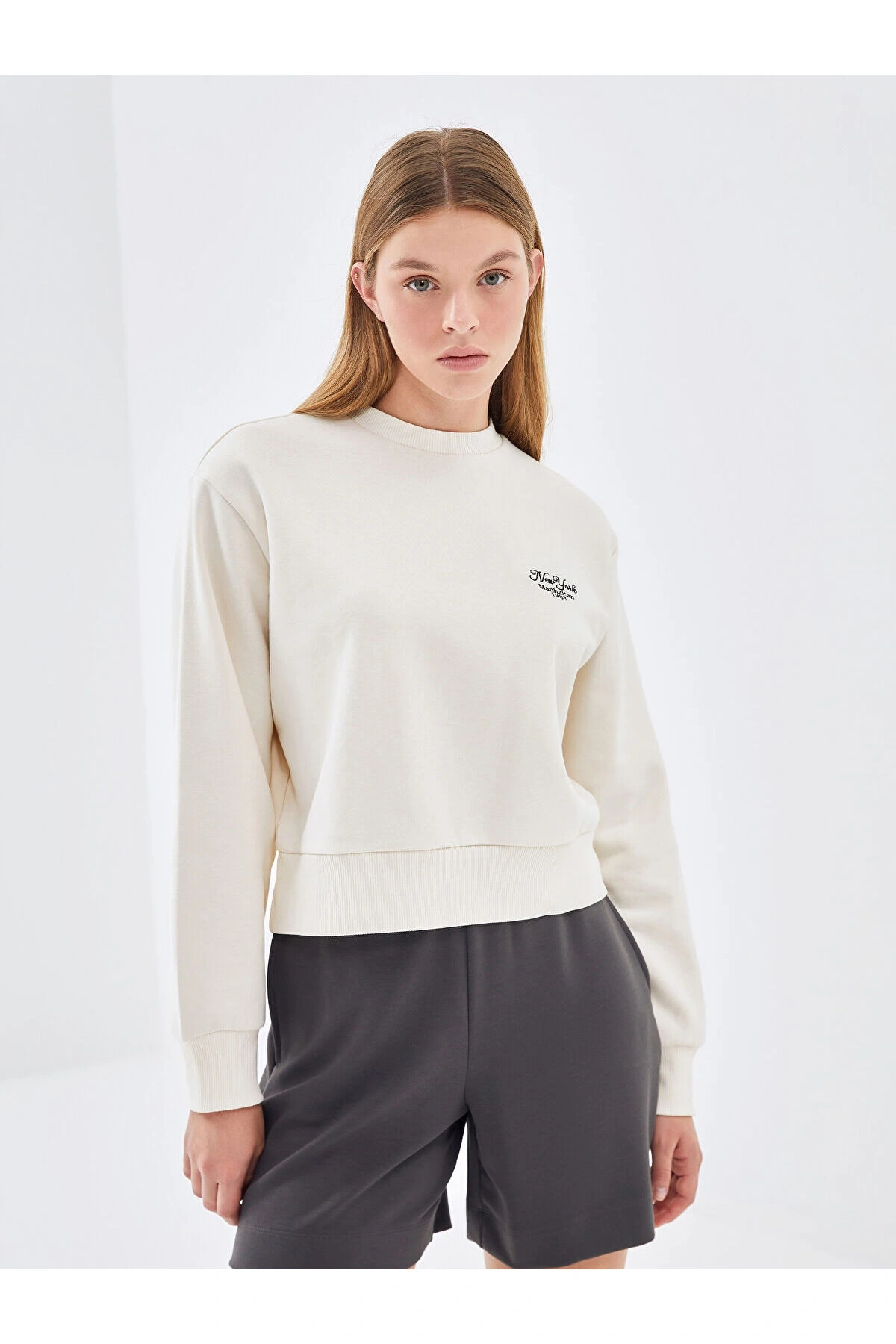 Lw - Bisiklet Yaka Baskılı Oversize Kadın Kalın Sweatshirt