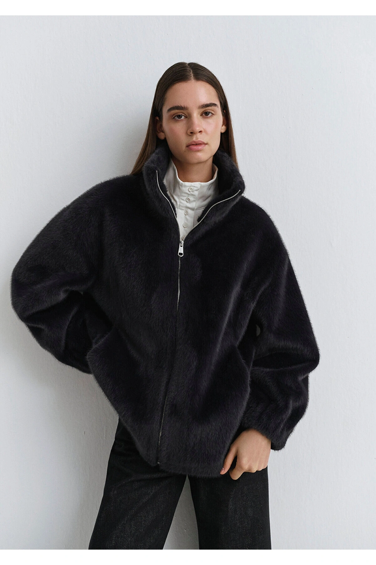 Mavi Antrasit Peluş Ceket Oversize / Geniş Kesim