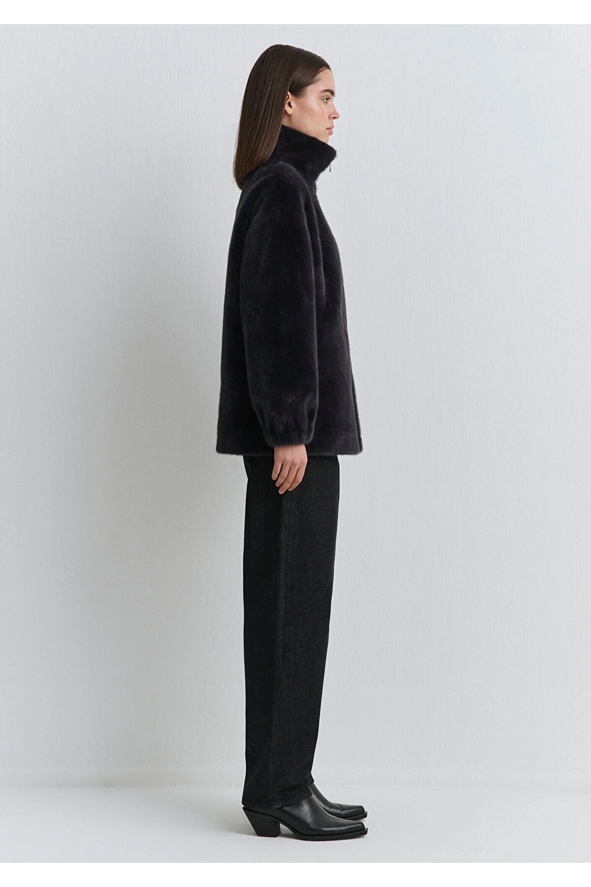 Mavi Antrasit Peluş Ceket Oversize / Geniş Kesim