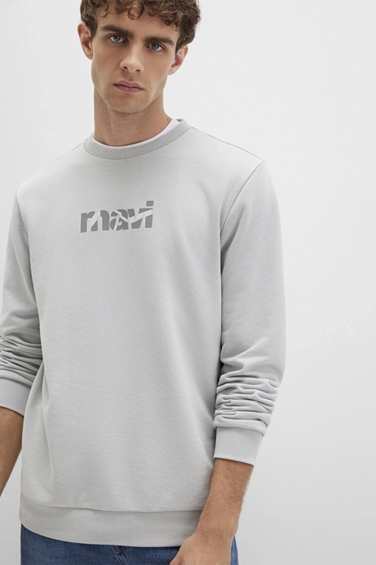Mavi Baskılı Gri Sweatshirt