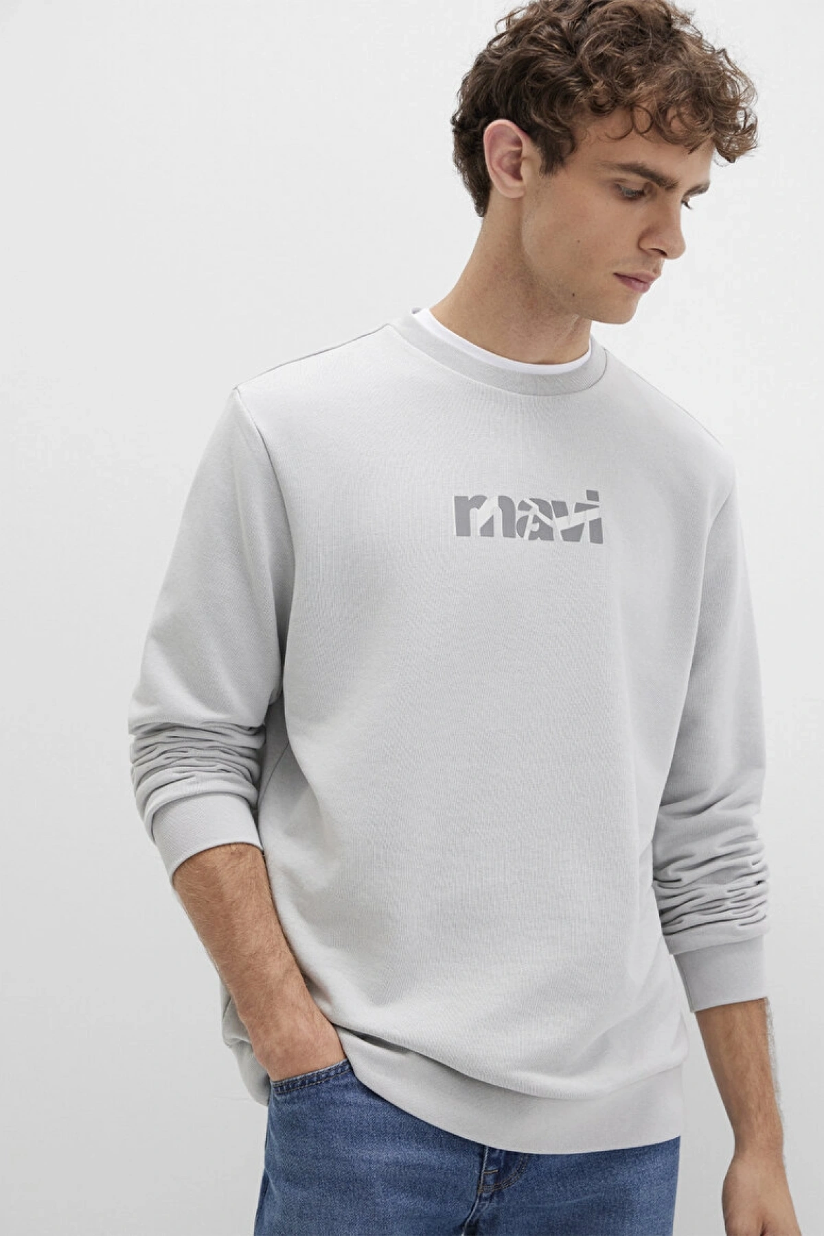 Mavi Baskılı Gri Sweatshirt