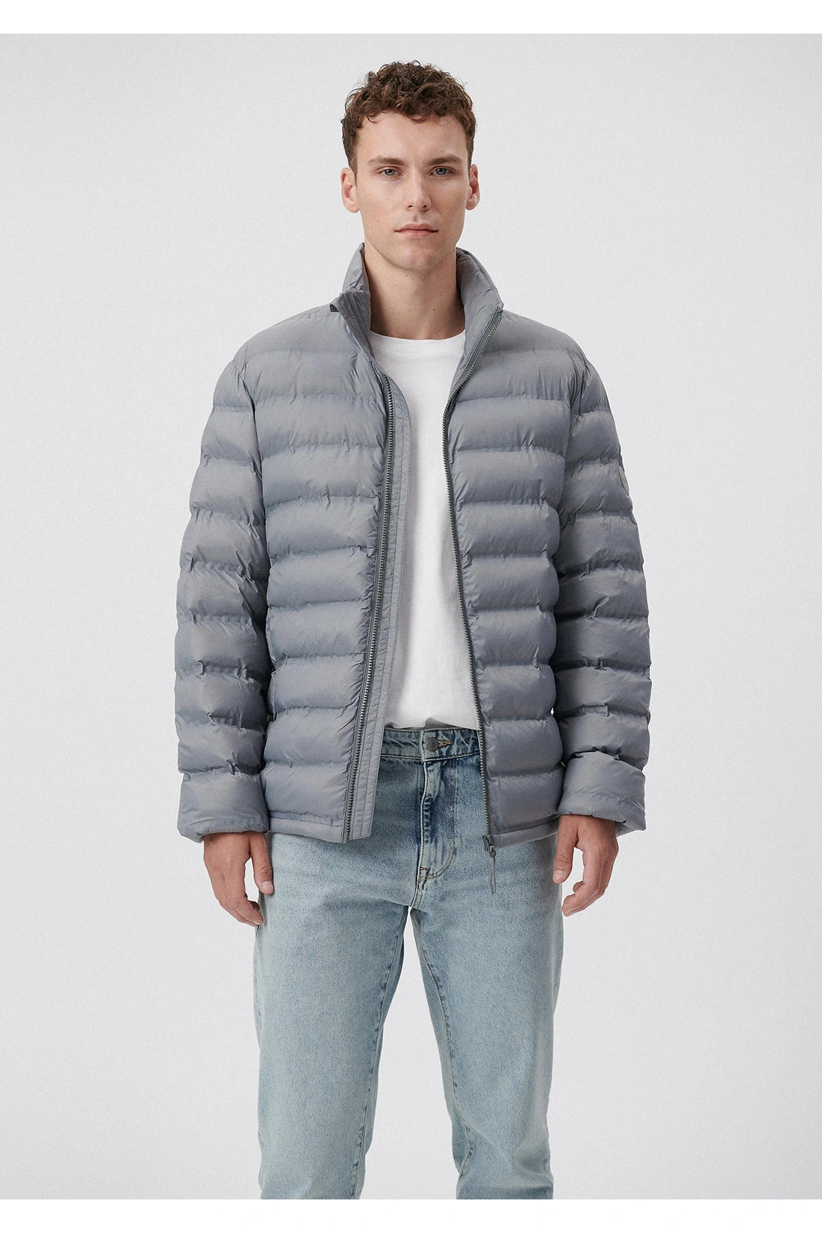 Mavi Dik Yaka Gri Şişme Mont