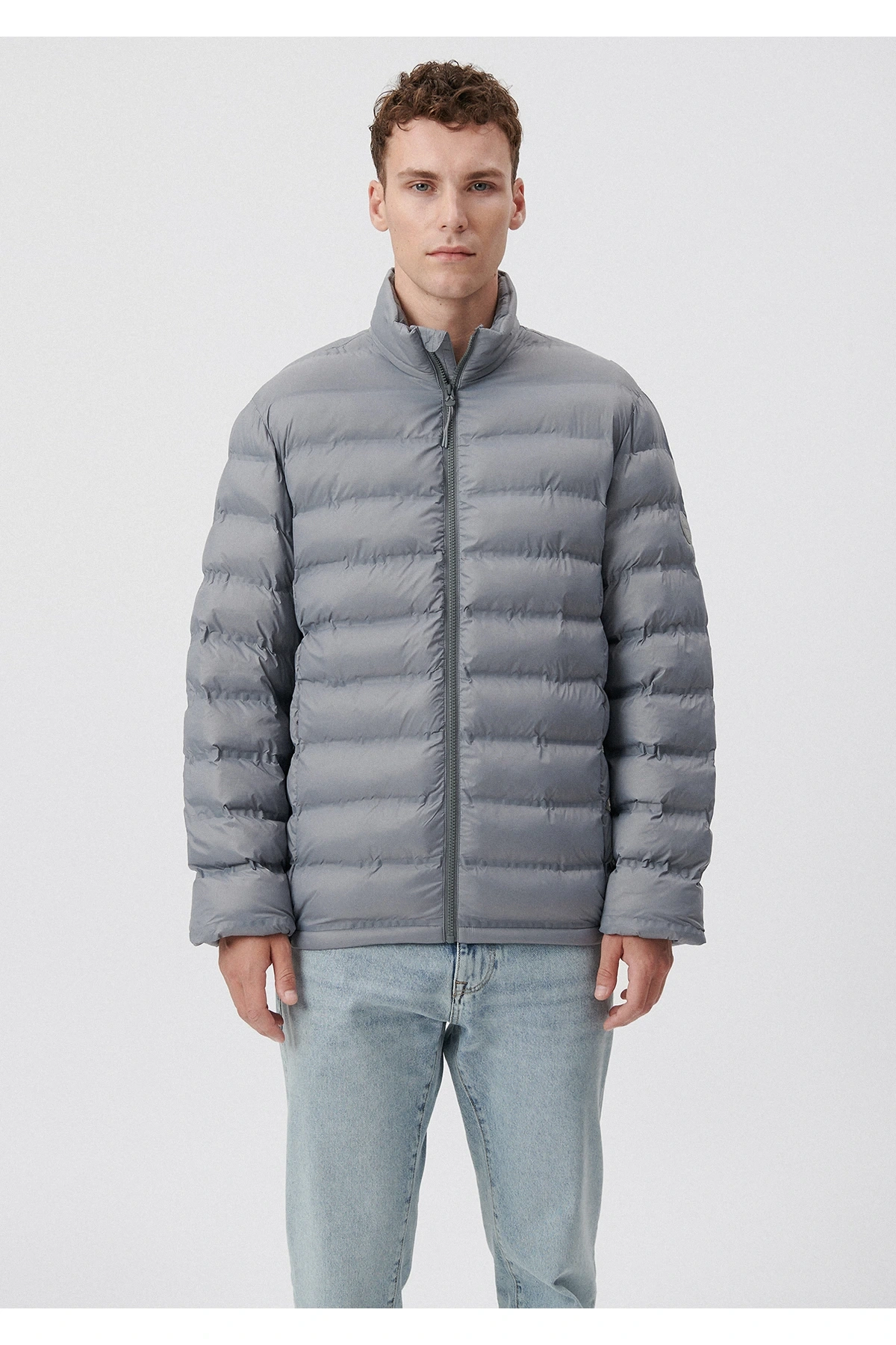 Mavi Dik Yaka Gri Şişme Mont