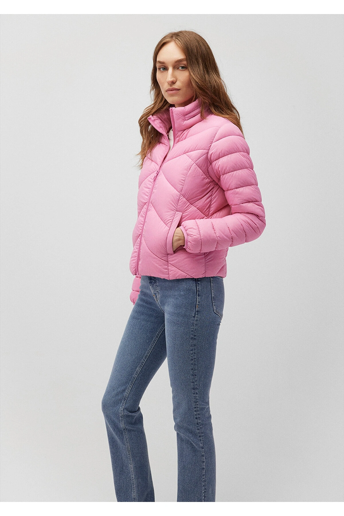 Mavi Dik Yaka Pembe Şişme Mont