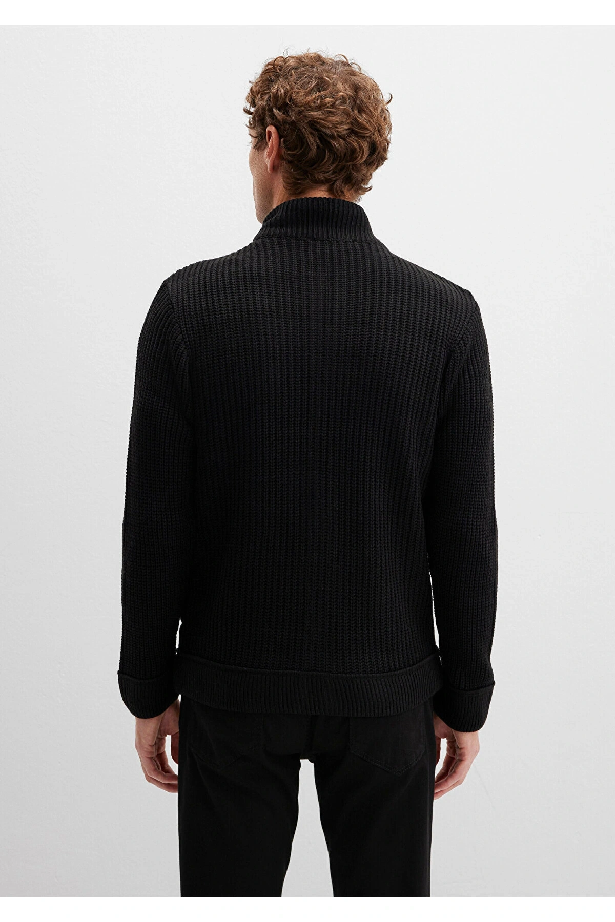 Mavi Fermuarlı Siyah Triko Hırka Slim Fit / Dar Kesim