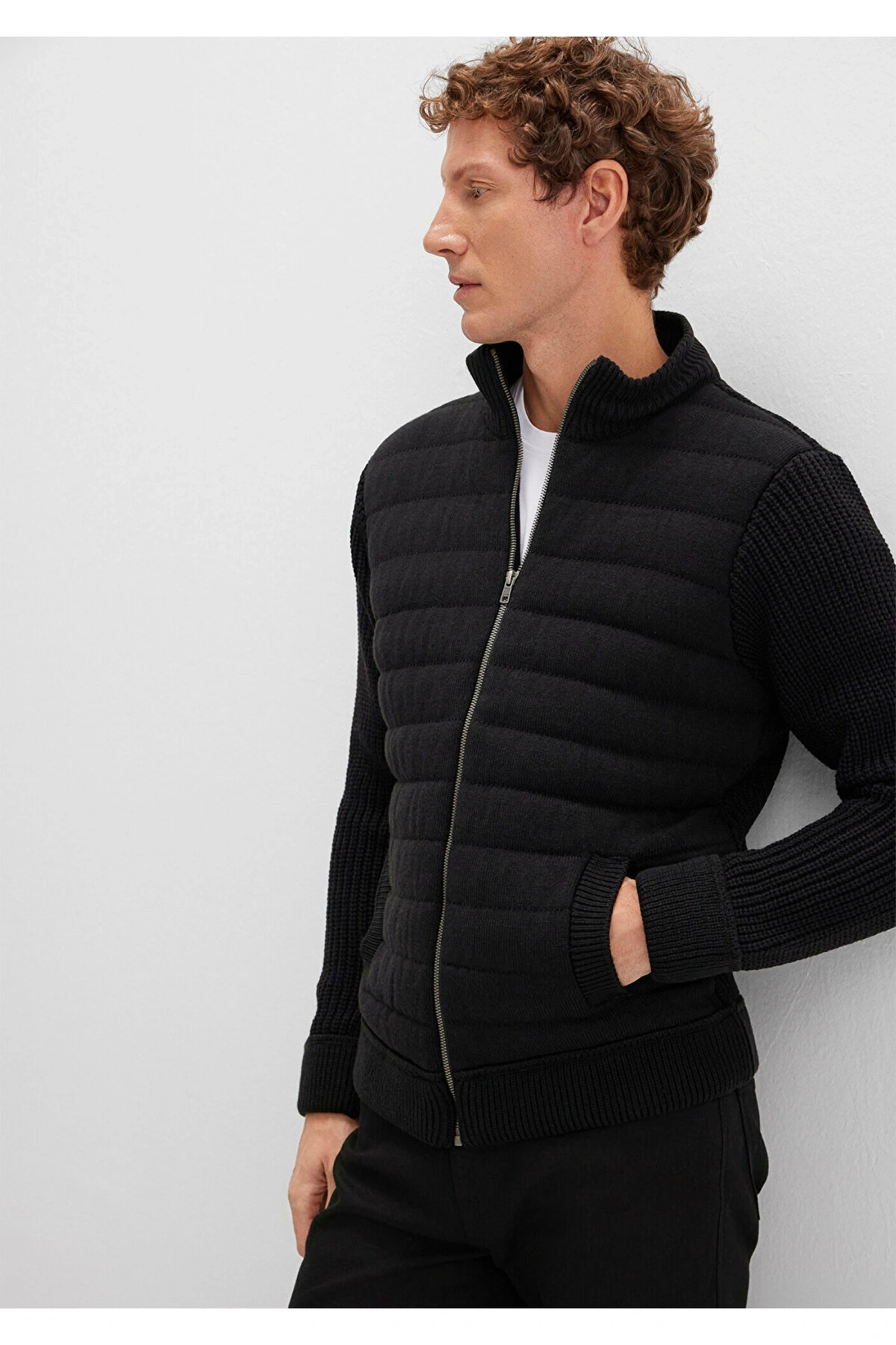 Mavi Fermuarlı Siyah Triko Hırka Slim Fit / Dar Kesim
