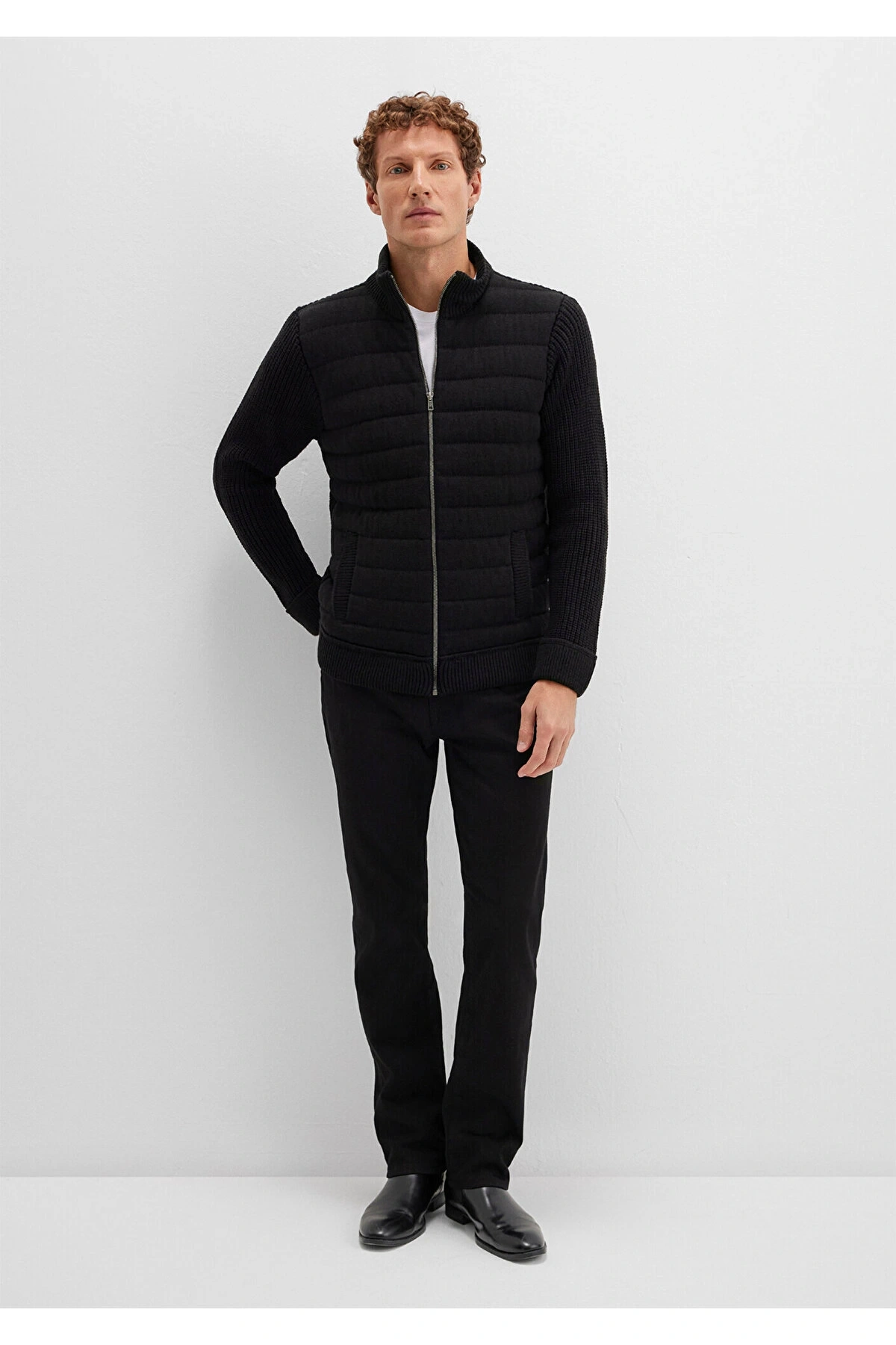 Mavi Fermuarlı Siyah Triko Hırka Slim Fit / Dar Kesim