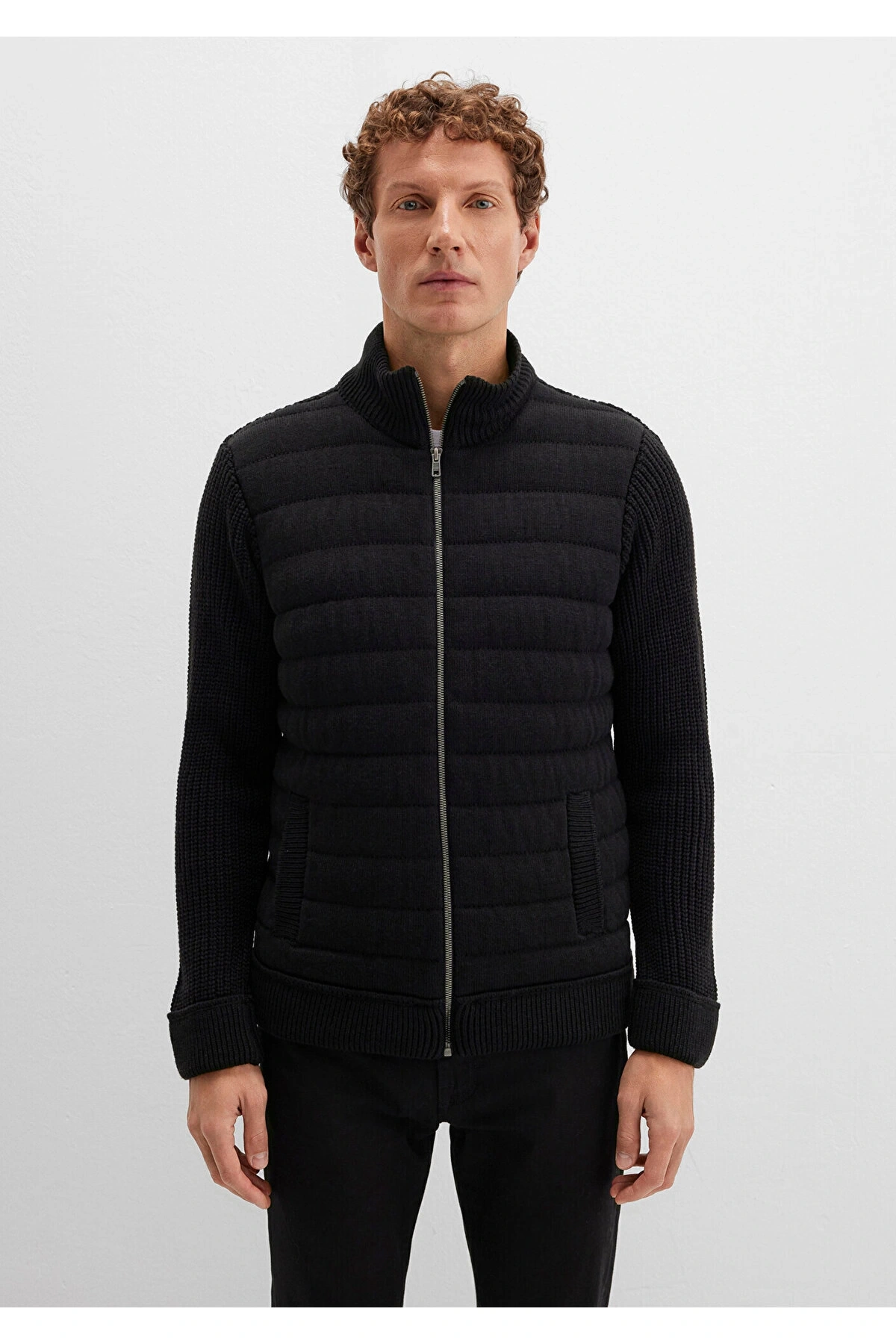 Mavi Fermuarlı Siyah Triko Hırka Slim Fit / Dar Kesim