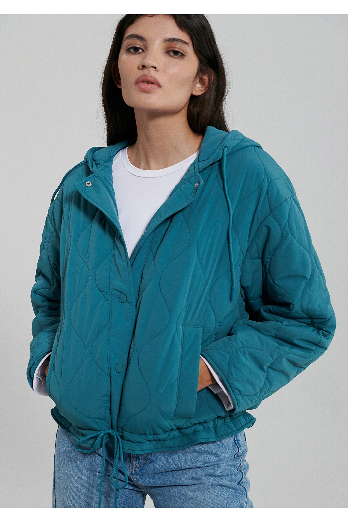 Mavi Kapitone Beli Bağcıklı Mavi Ceket Oversize / Geniş Kesim