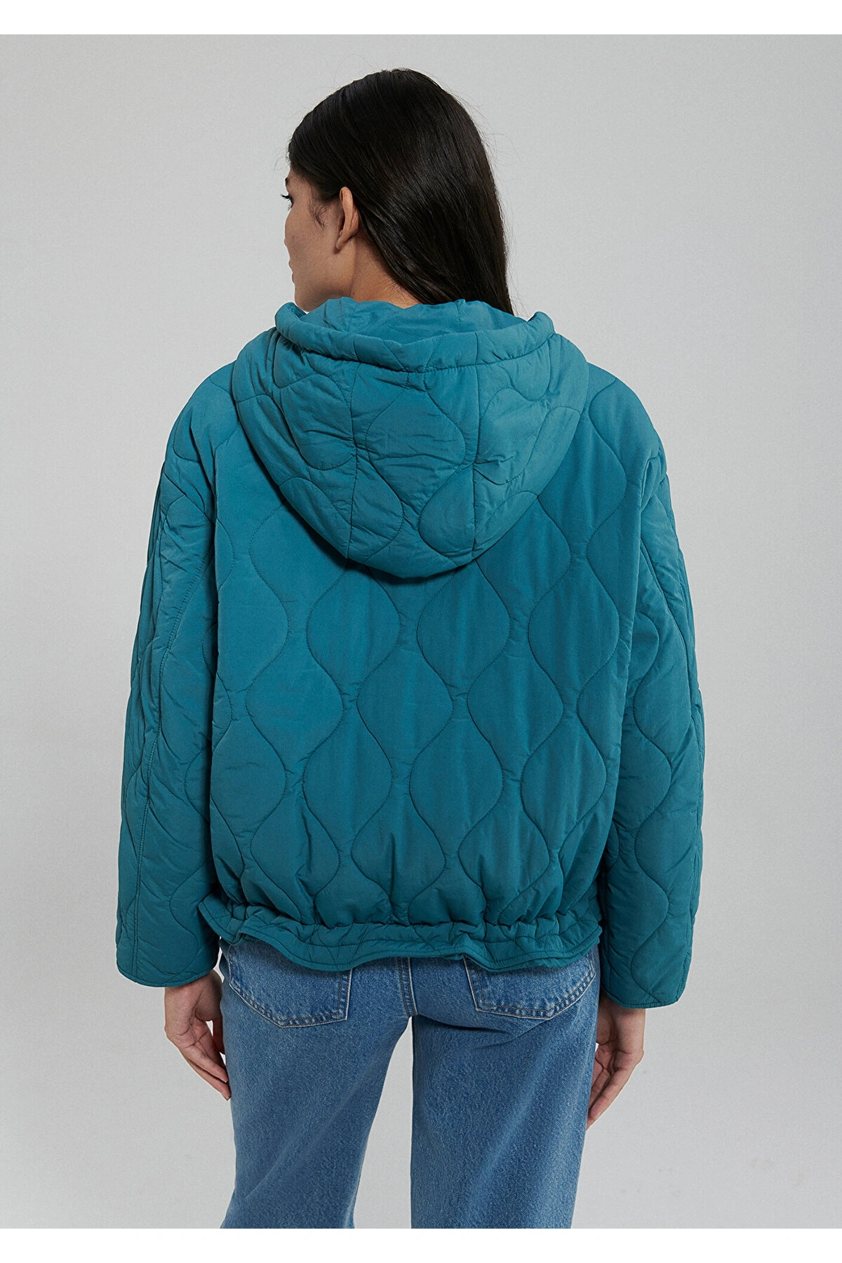 Mavi Kapitone Beli Bağcıklı Mavi Ceket Oversize / Geniş Kesim