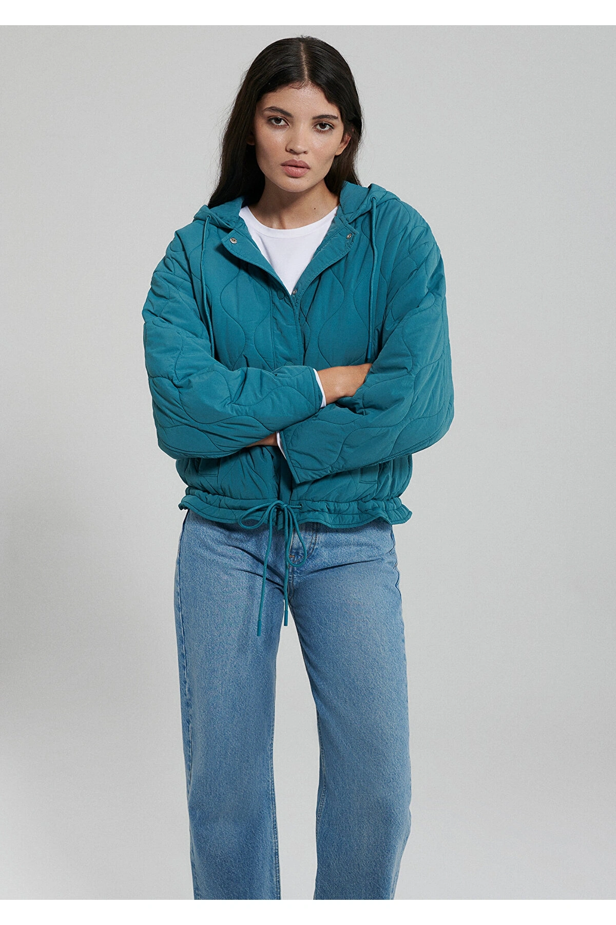 Mavi Kapitone Beli Bağcıklı Mavi Ceket Oversize / Geniş Kesim