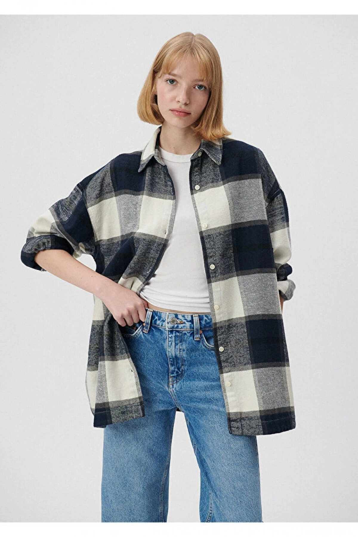 Mavi Kareli Lacivert Gömlek Oversize / Geniş Kesim