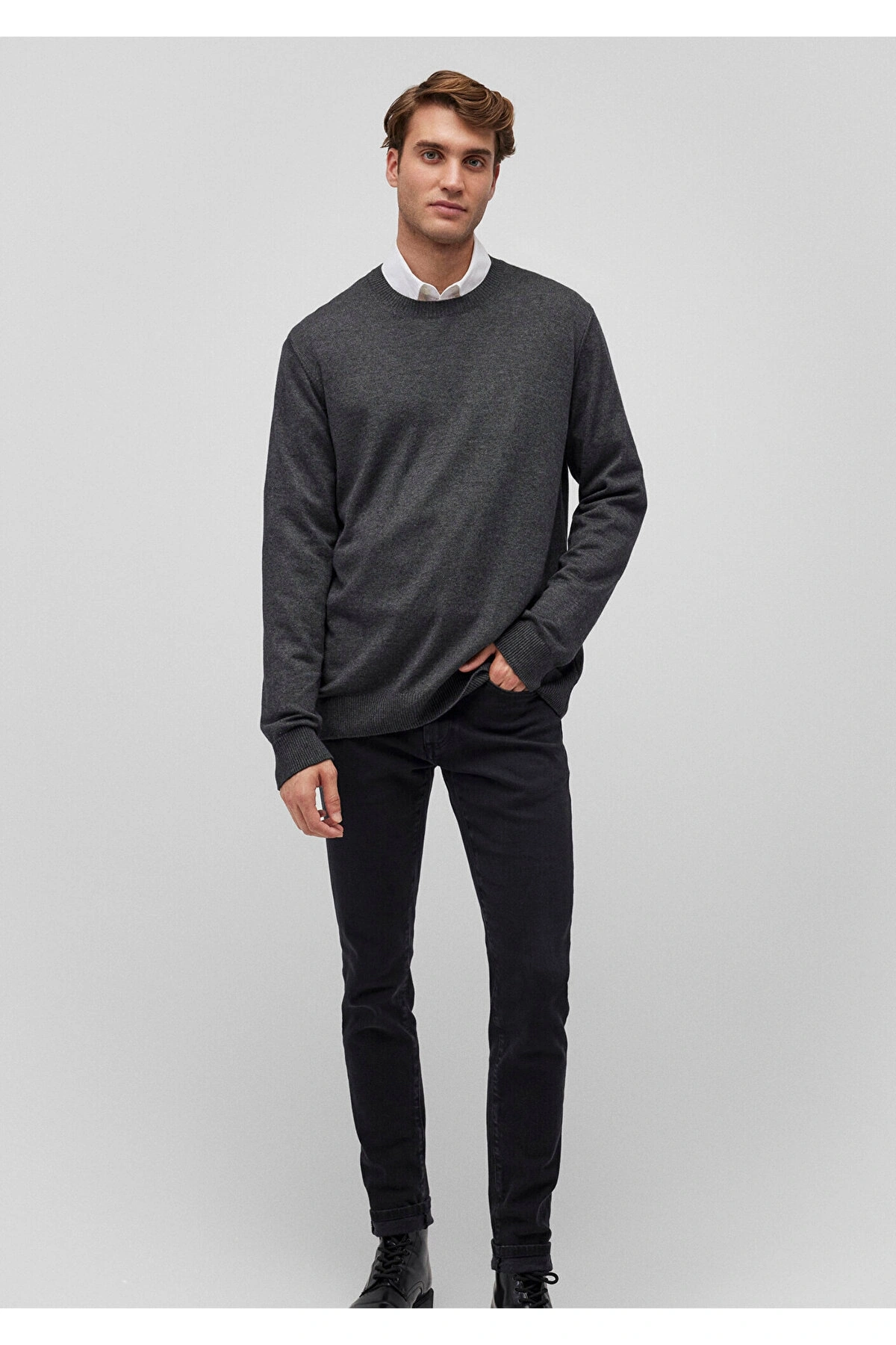 Mavi Kaşmir Karışımlı Antrasit Kazak Slim Fit / Dar Kesim