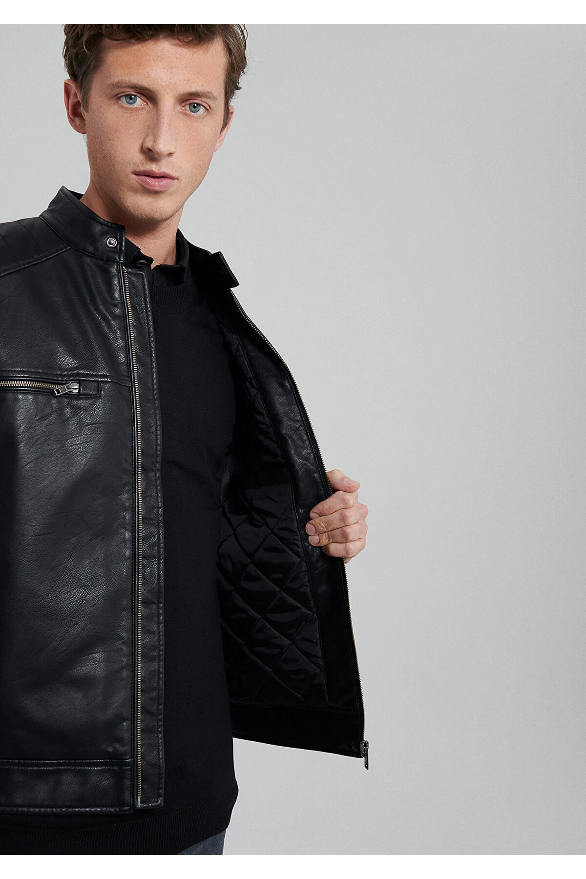 Mavi Siyah Suni Deri Ceket Slim Fit / Dar Kesim