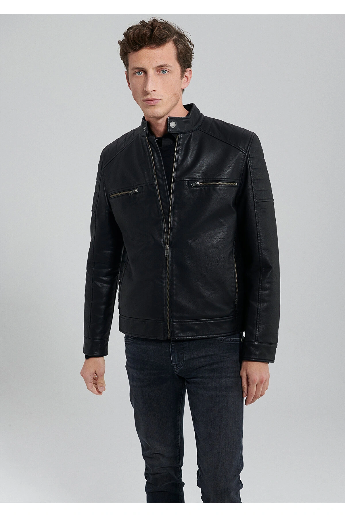Mavi Siyah Suni Deri Ceket Slim Fit / Dar Kesim