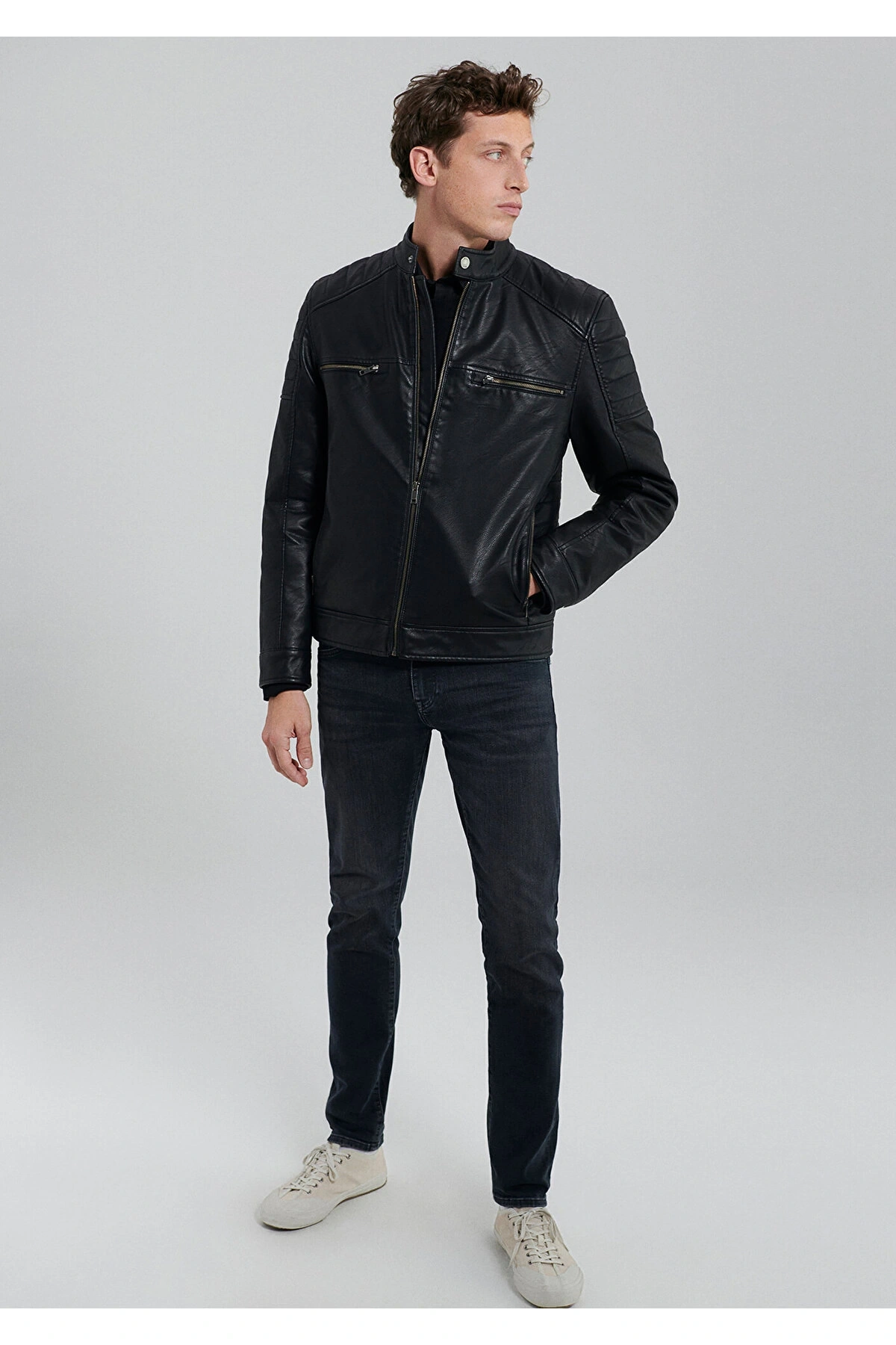 Mavi Siyah Suni Deri Ceket Slim Fit / Dar Kesim