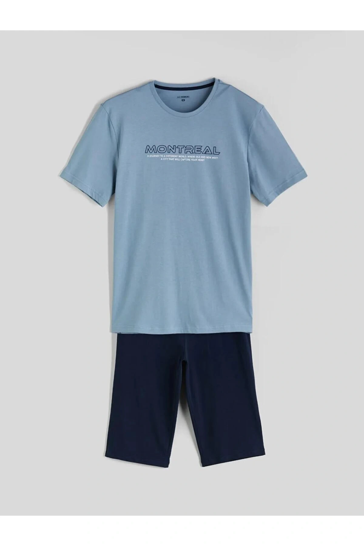 Mavi Standart Kalıp Pamuklu Kaprili Pijama Takımı