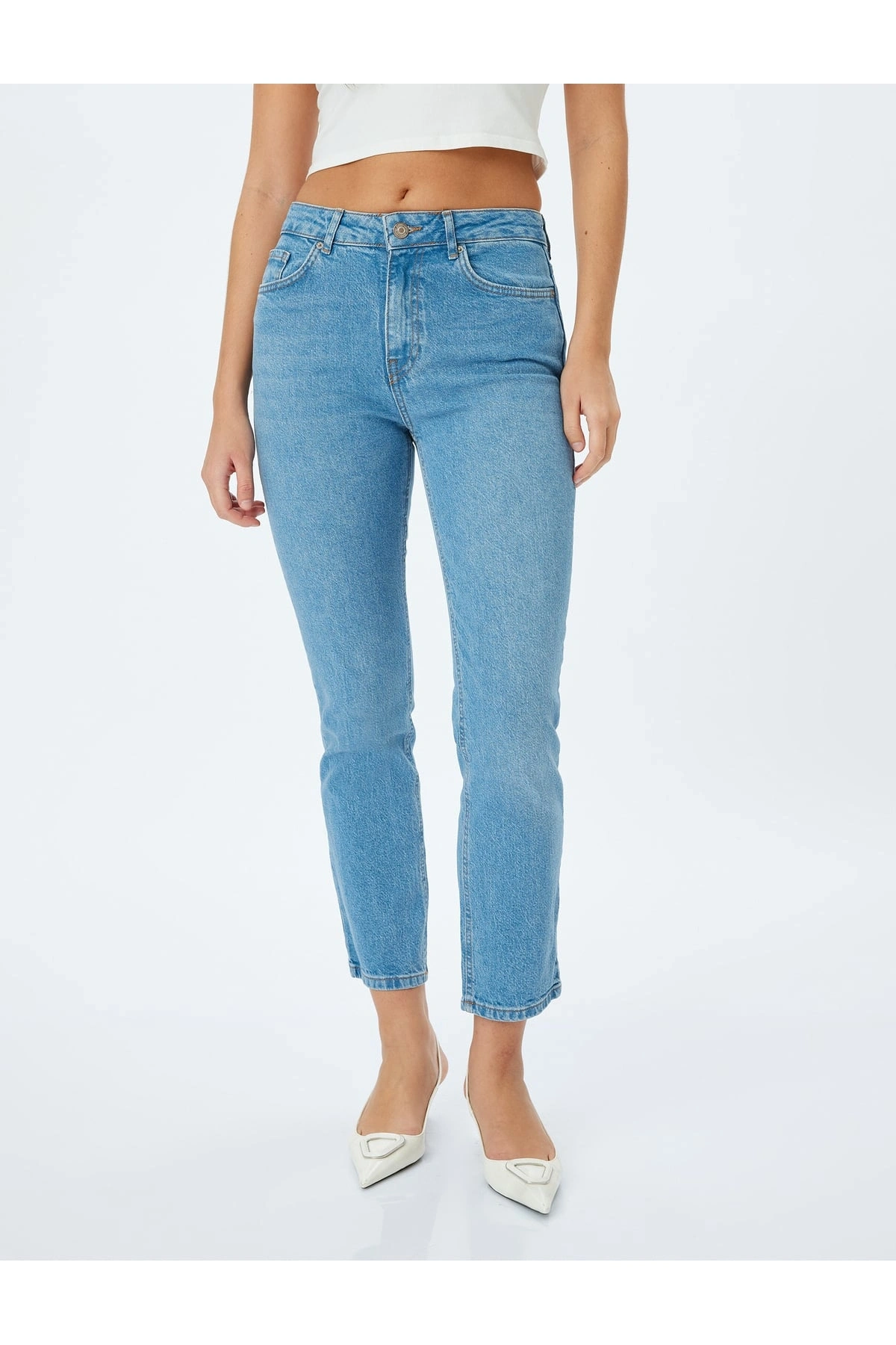 Normal Bel Slim Fit Düz Paça Cepli Düğmeli Kot Pantolon - Slim Straight Fit Jean