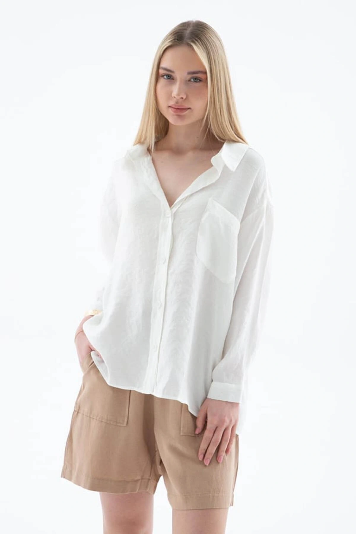 Oversize Ekru Kadın Gömlek 25Y0571K1