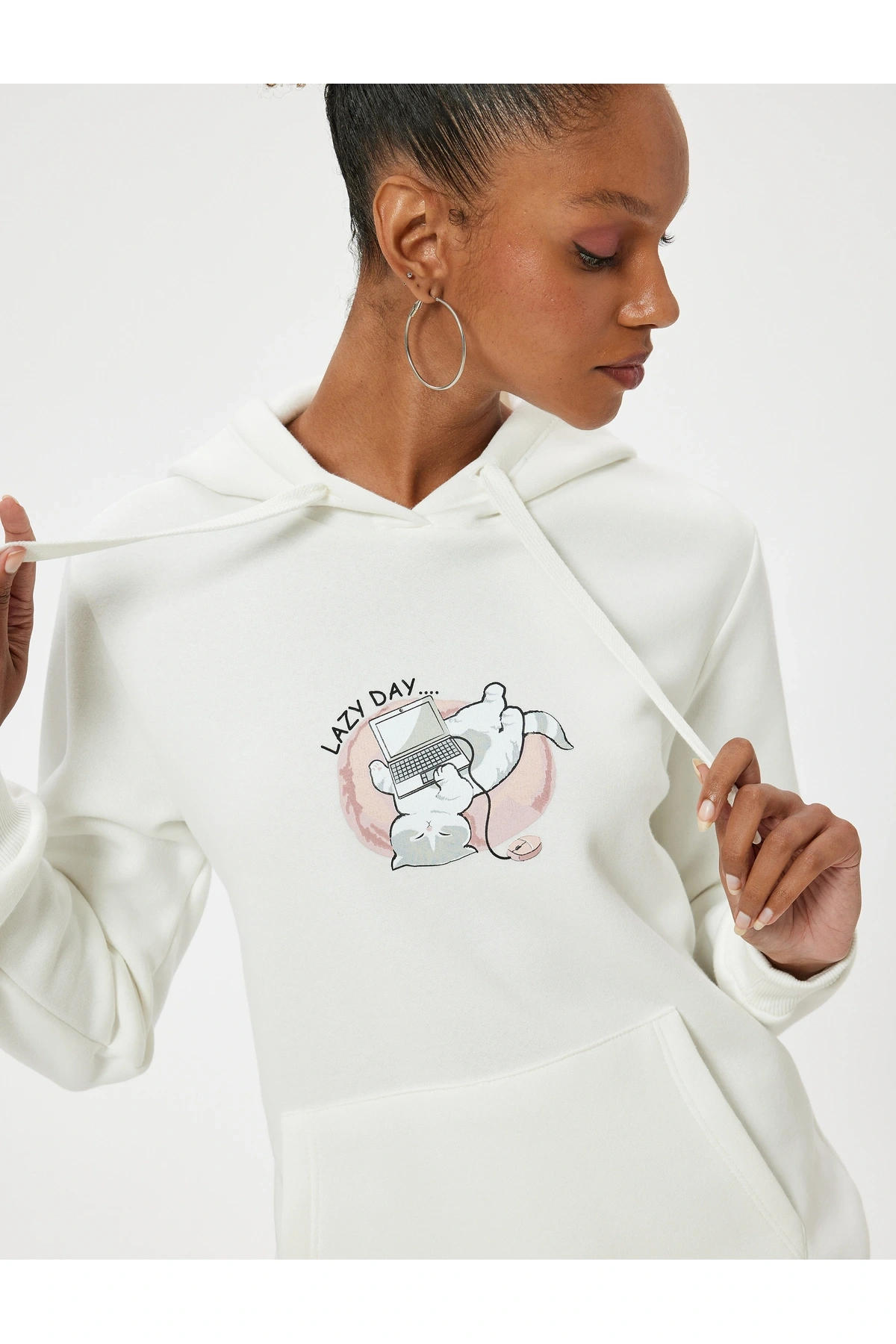 Oversize Kapüşonlu Sweatshirt Kanguru Cep Detaylı Baskılı Şardonlu