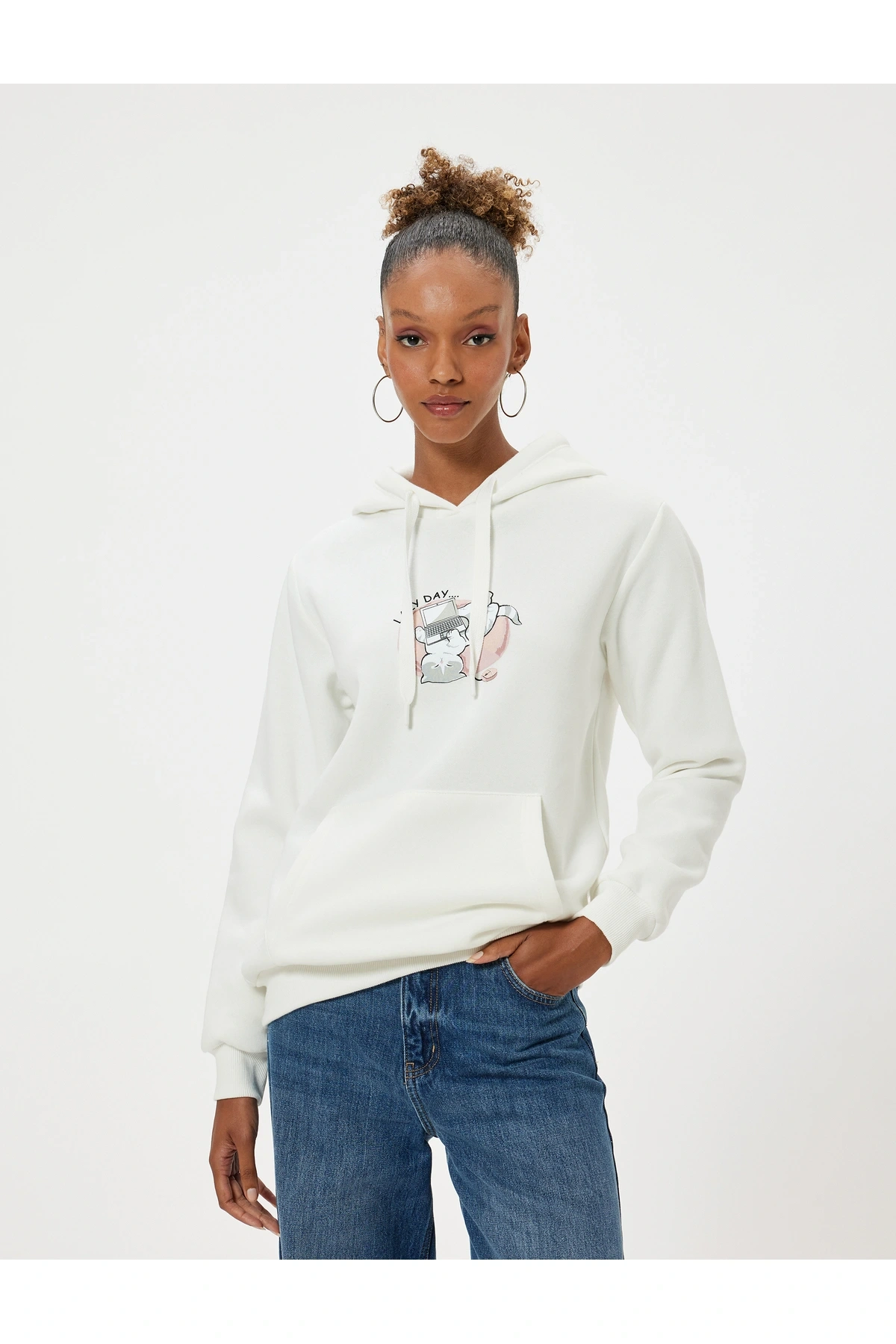 Oversize Kapüşonlu Sweatshirt Kanguru Cep Detaylı Baskılı Şardonlu