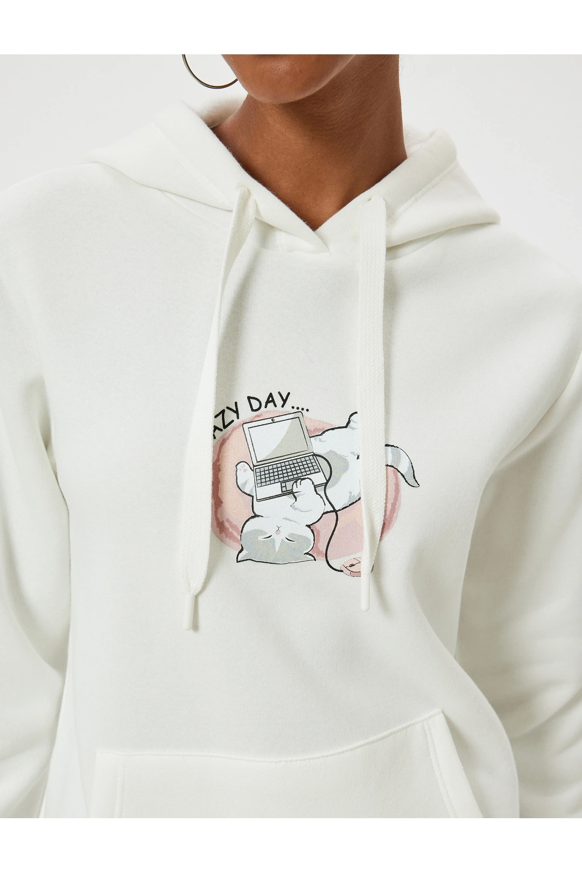 Oversize Kapüşonlu Sweatshirt Kanguru Cep Detaylı Baskılı Şardonlu