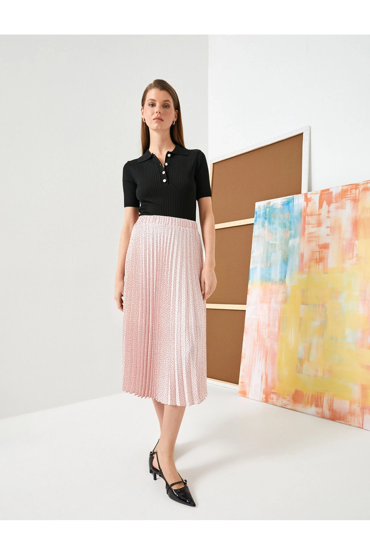 Pileli Midi Etek Puantiyeli Normal Bel