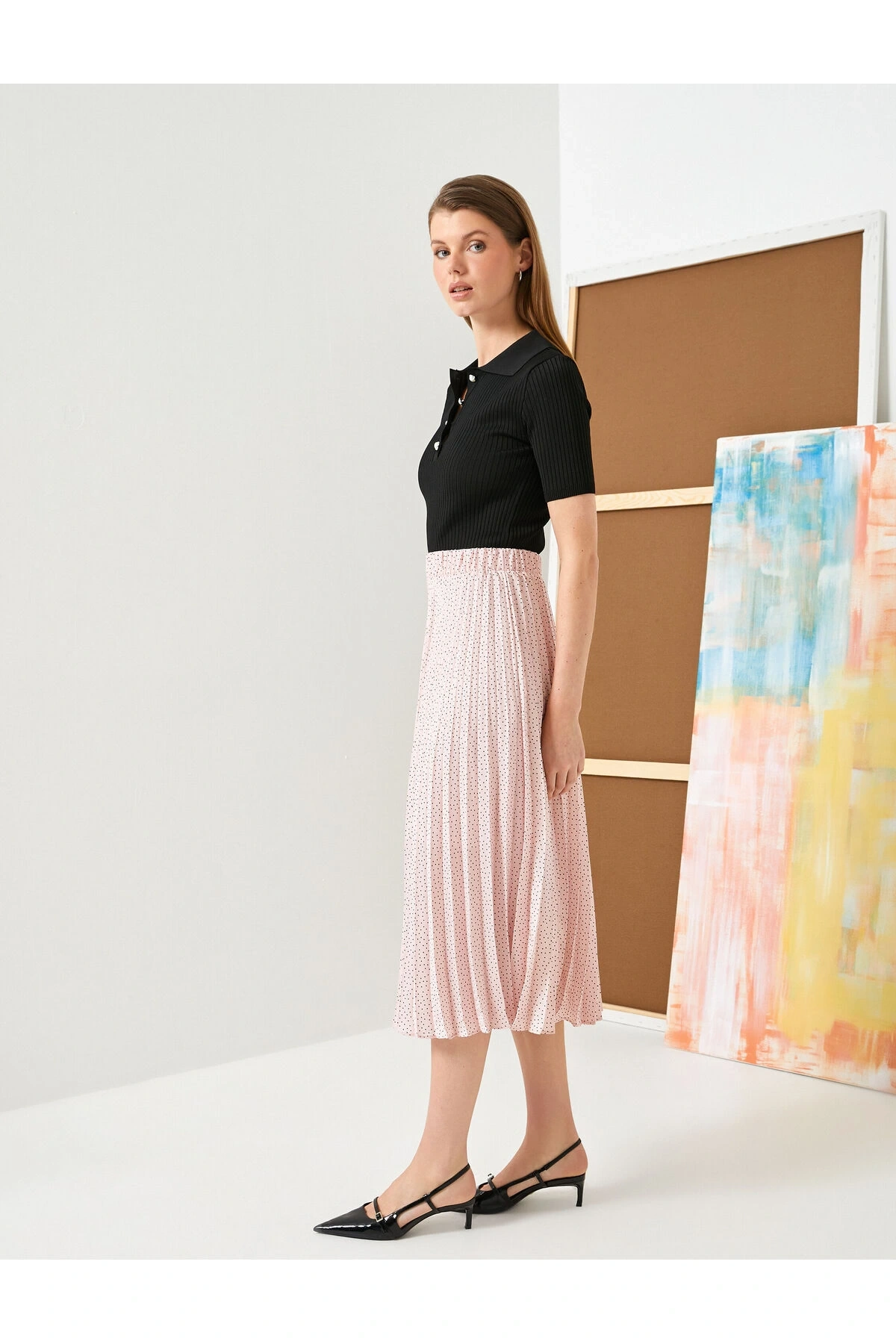 Pileli Midi Etek Puantiyeli Normal Bel