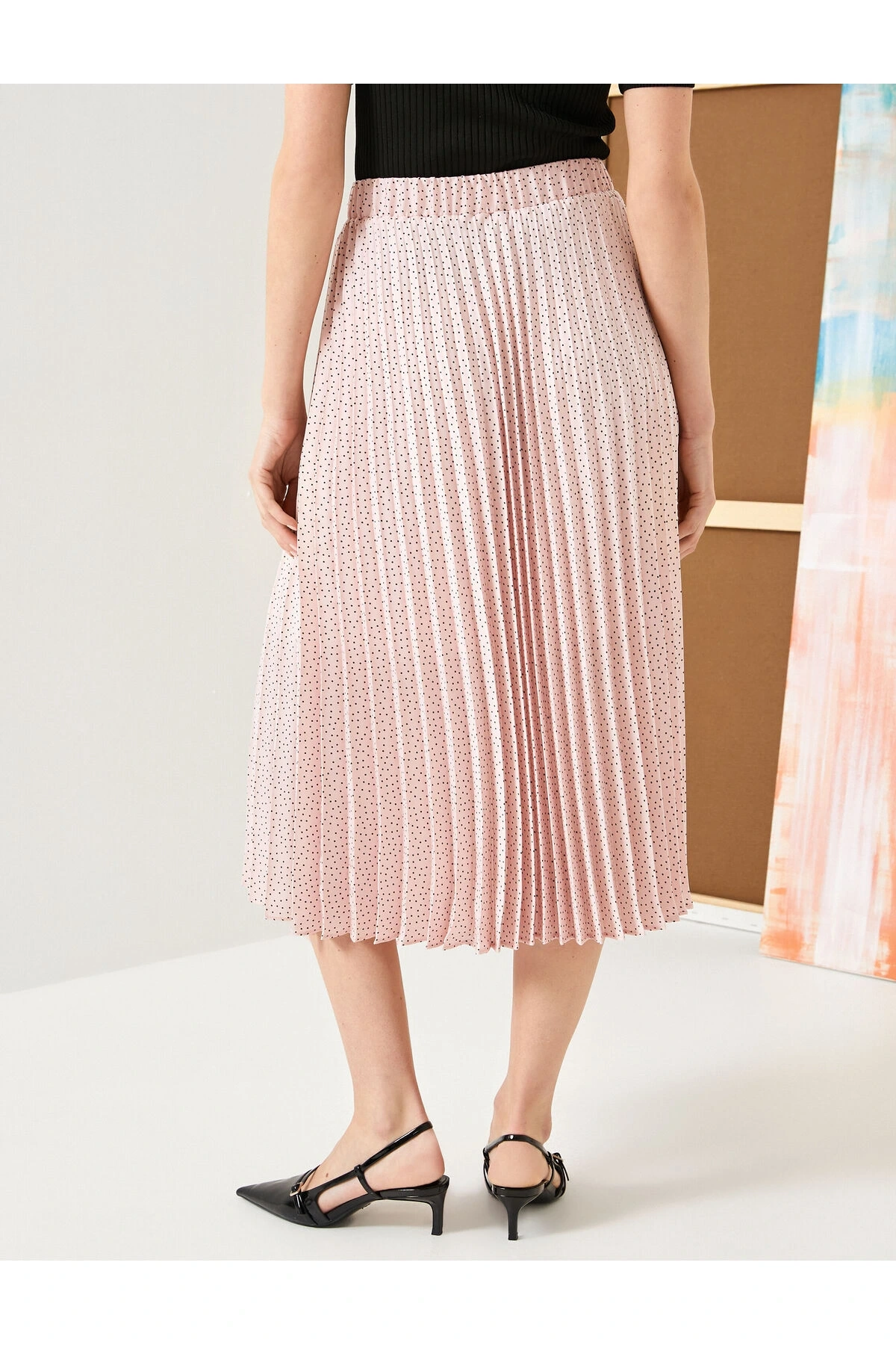 Pileli Midi Etek Puantiyeli Normal Bel