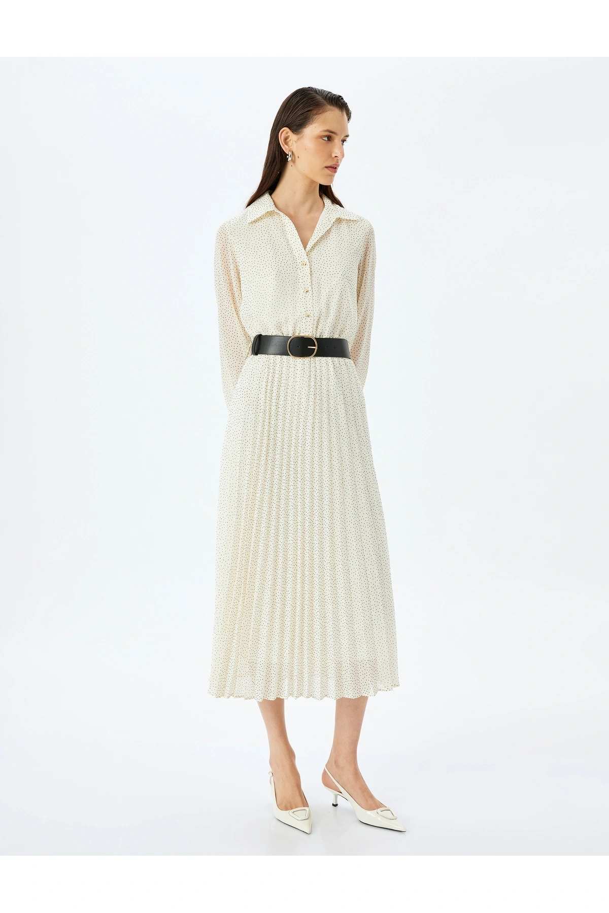 Pileli Uzun Kollu Puantiyeli Midi Gömlek Elbise