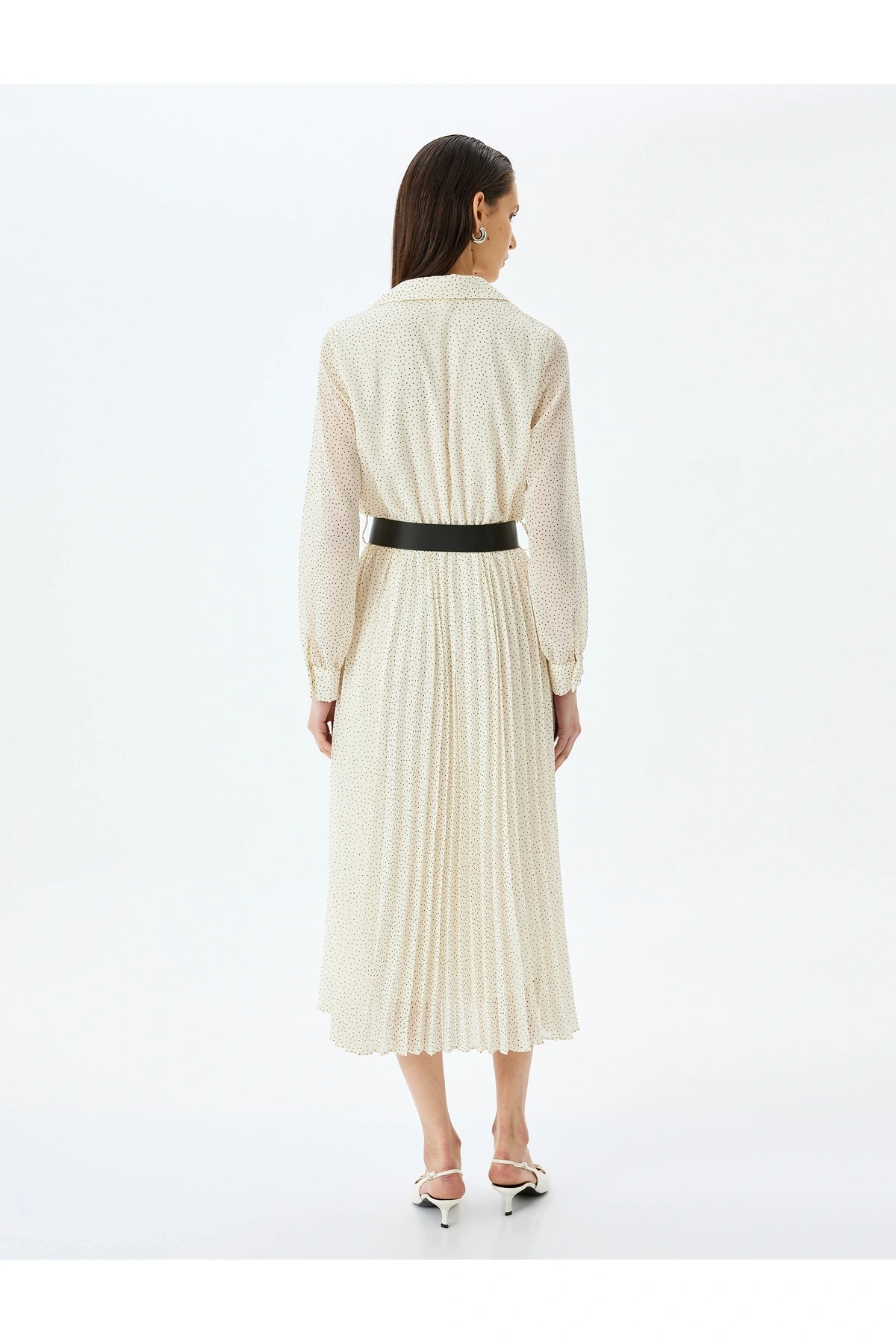 Pileli Uzun Kollu Puantiyeli Midi Gömlek Elbise