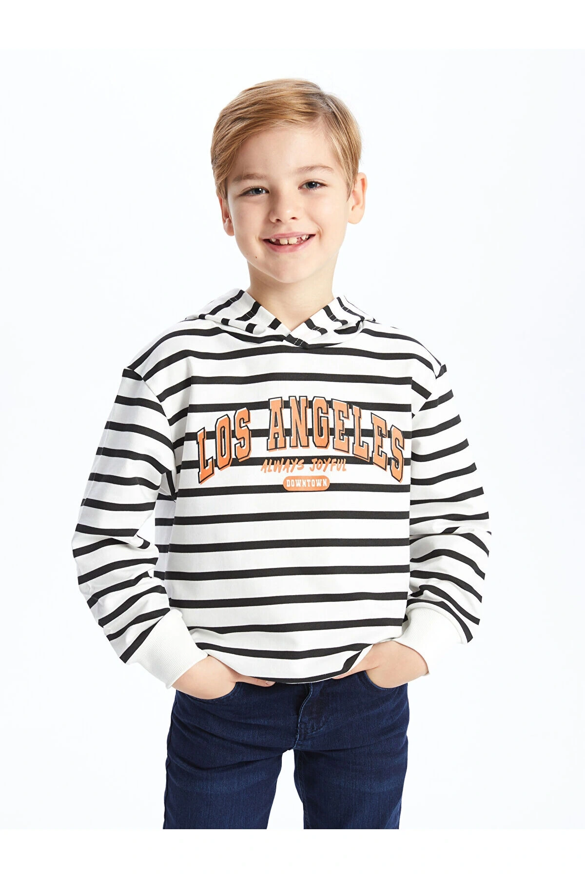 Rahat Kalıp Çizgili Erkek Çocuk Hoodie