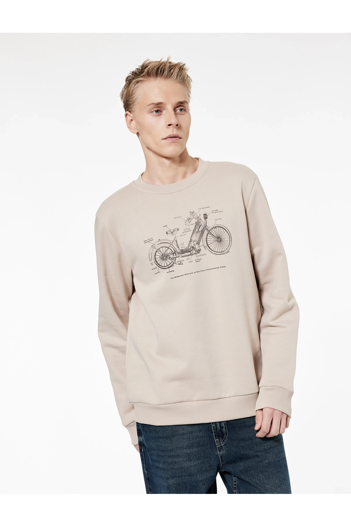 Regular Fit Uzun Kollu Şardonlu Baskılı Bisiklet Yaka Sweatshirt