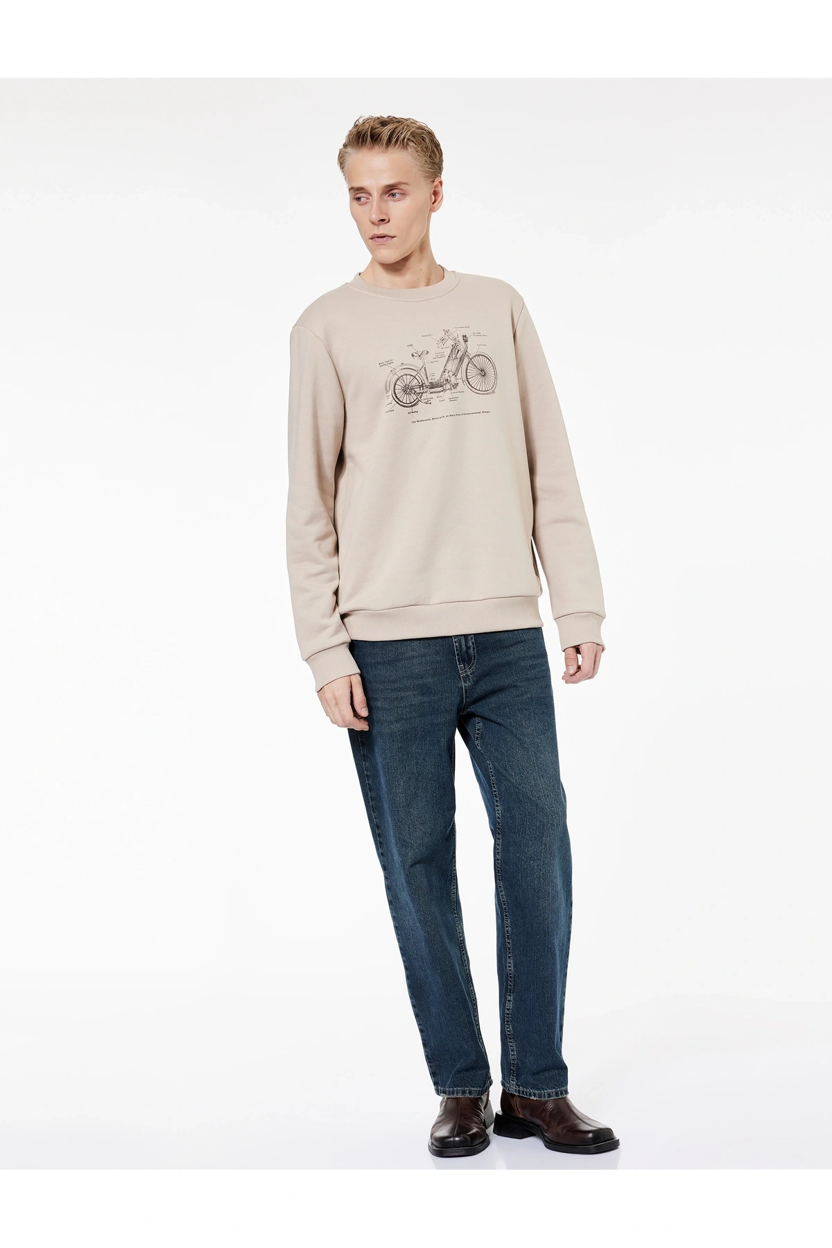 Regular Fit Uzun Kollu Şardonlu Baskılı Bisiklet Yaka Sweatshirt