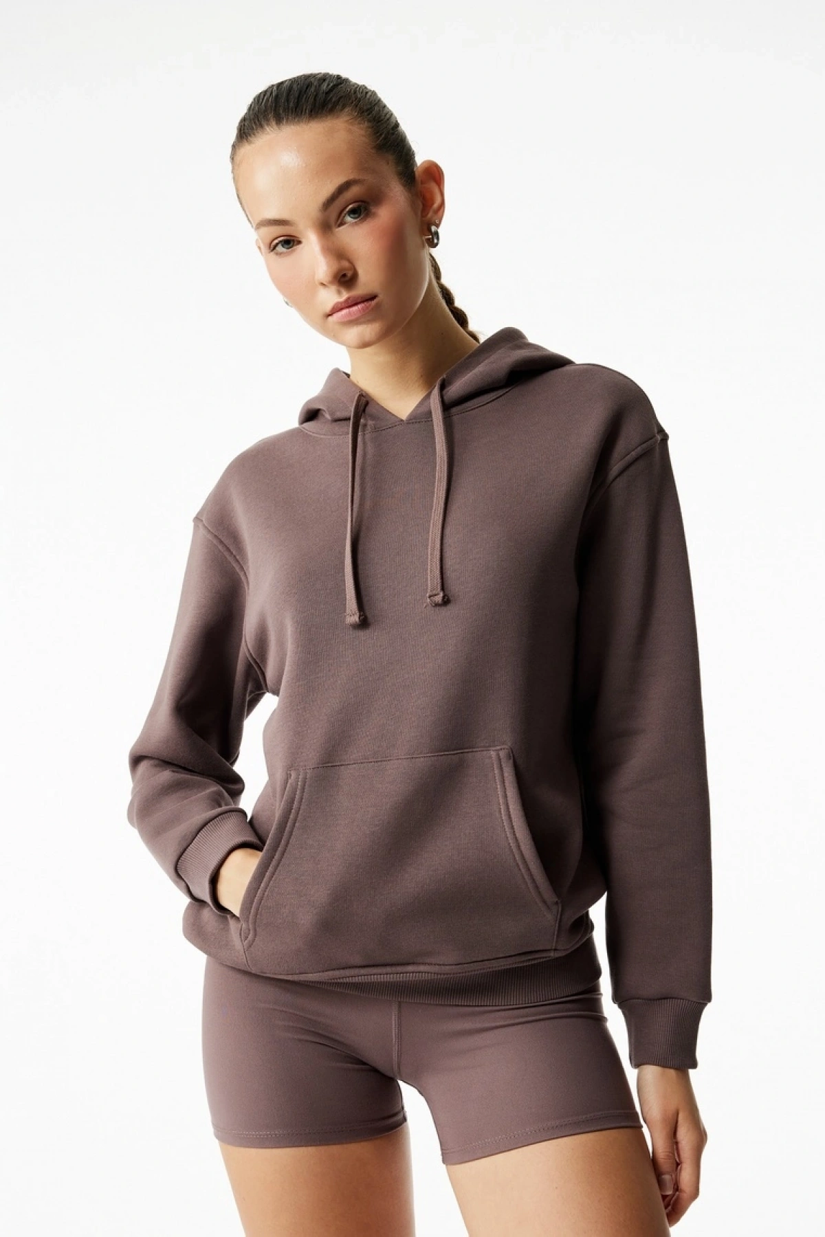 Şardonlu Kapüşonlu Uzun Kollu Kanguru Cepli Oversize Spor Sweatshir