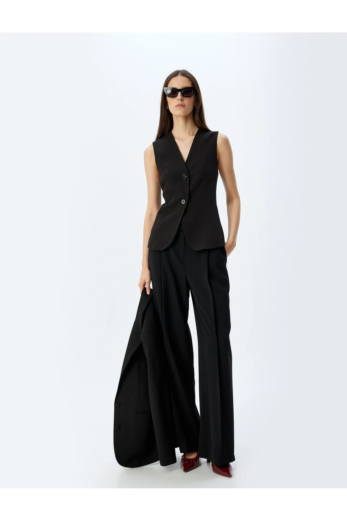 Slim Fit Düğmeli V Yaka Uzun Blazer Yelek