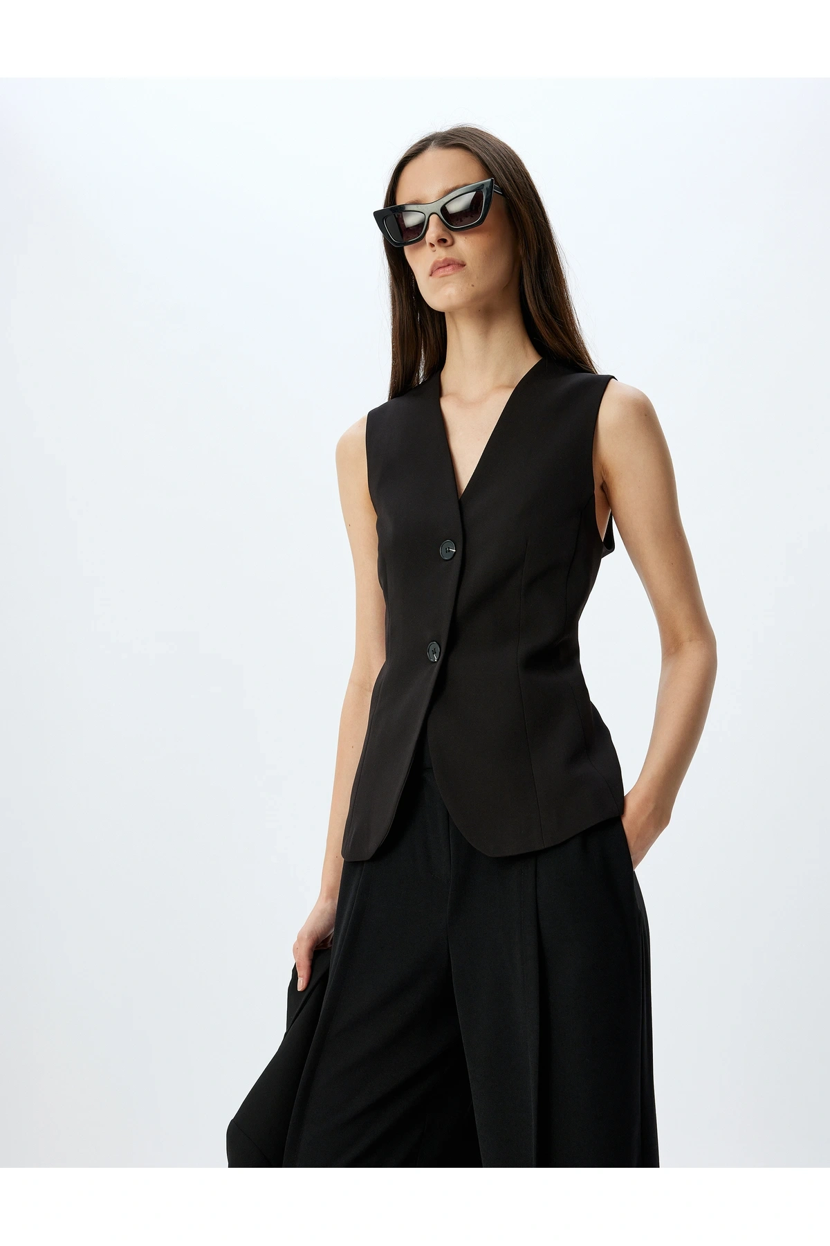 Slim Fit Düğmeli V Yaka Uzun Blazer Yelek