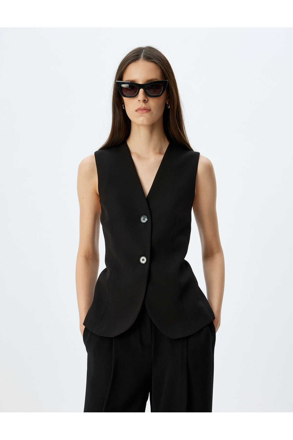 Slim Fit Düğmeli V Yaka Uzun Blazer Yelek