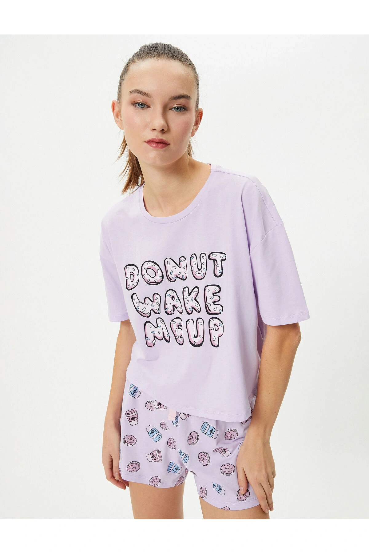 Şortlu Pijama Takımı Kısa Kollu Bisiklet Yaka Baskılı