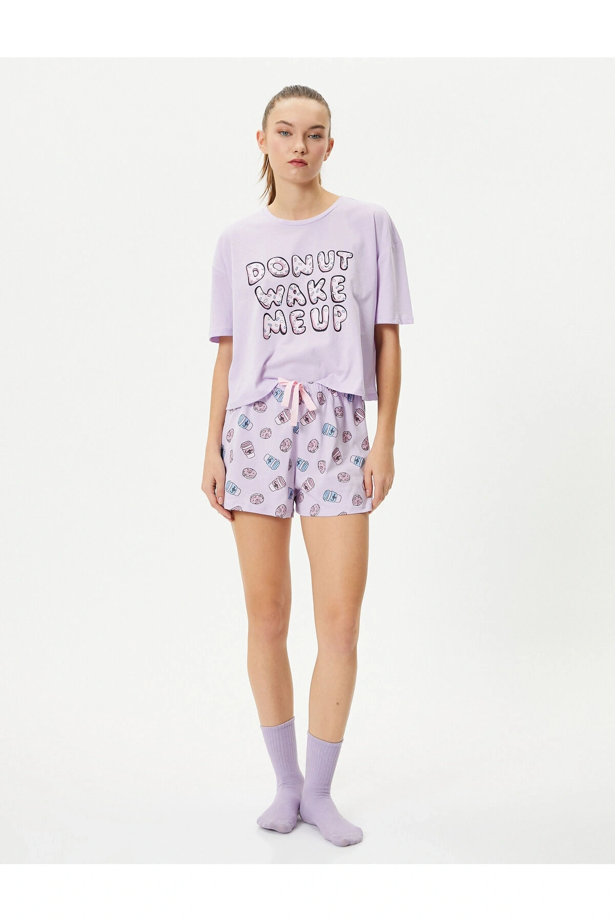 Şortlu Pijama Takımı Kısa Kollu Bisiklet Yaka Baskılı