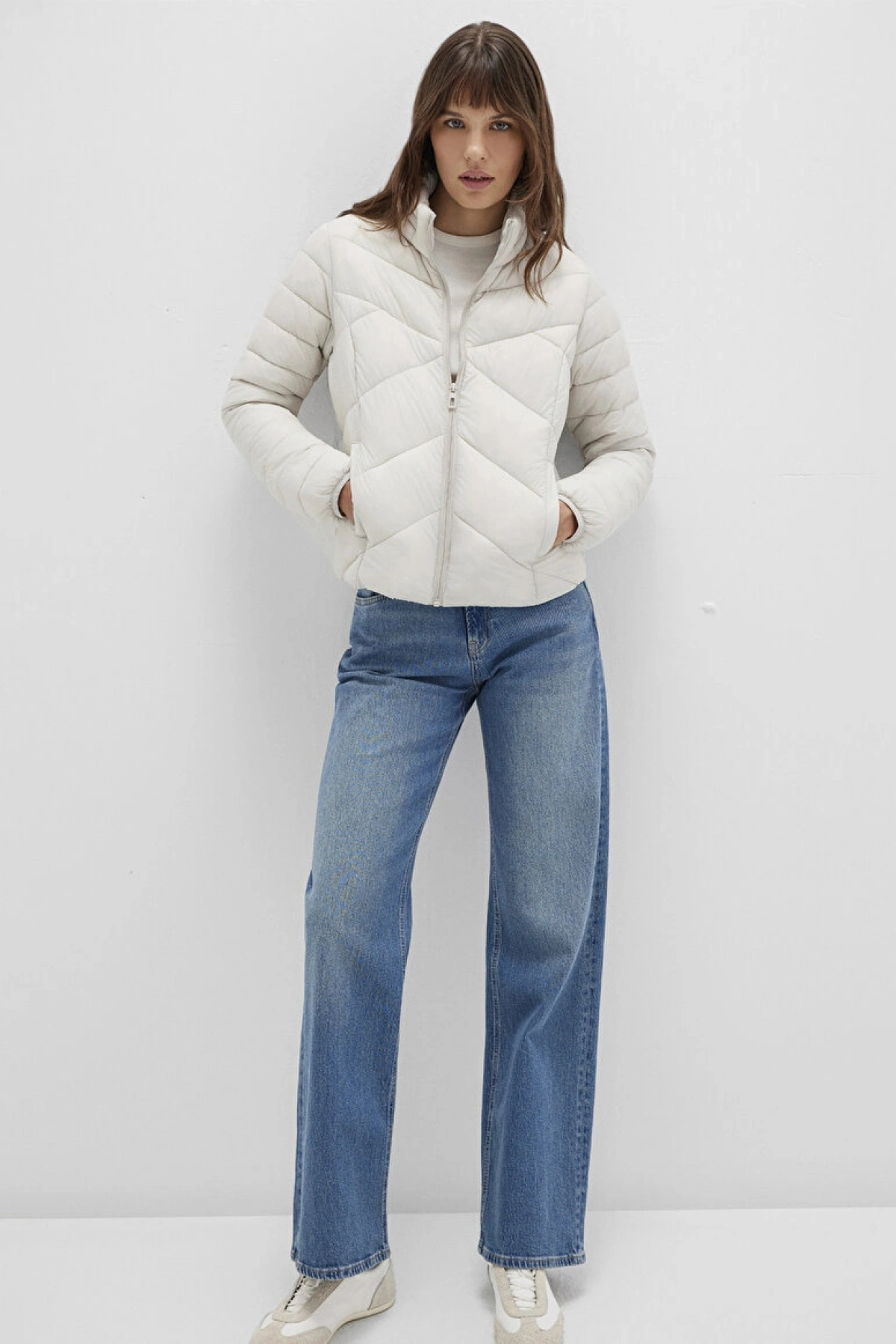 Su İtici Dik Yaka Ekru Şişme Mont