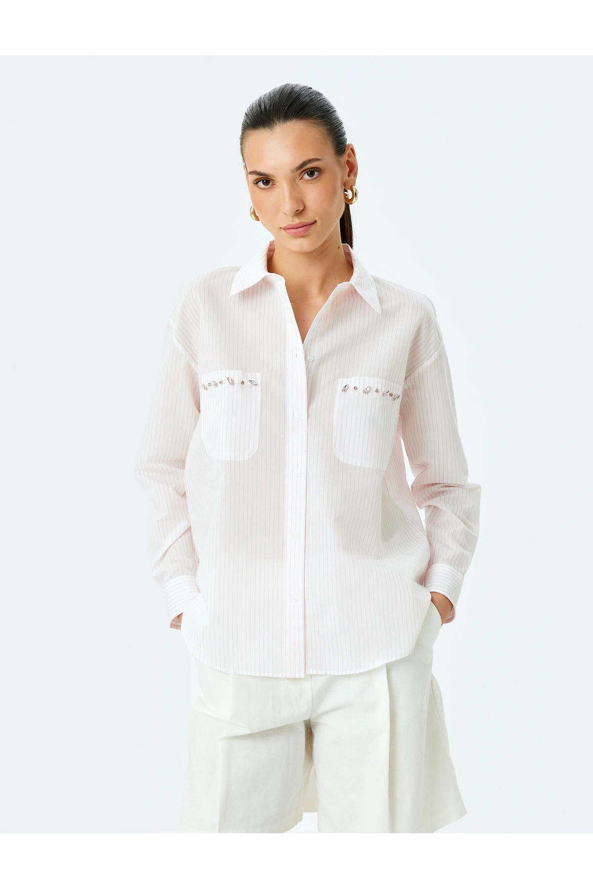 Taş İşlemeli Cepli Kısa Kollu Çizgili Oversize Gömlek