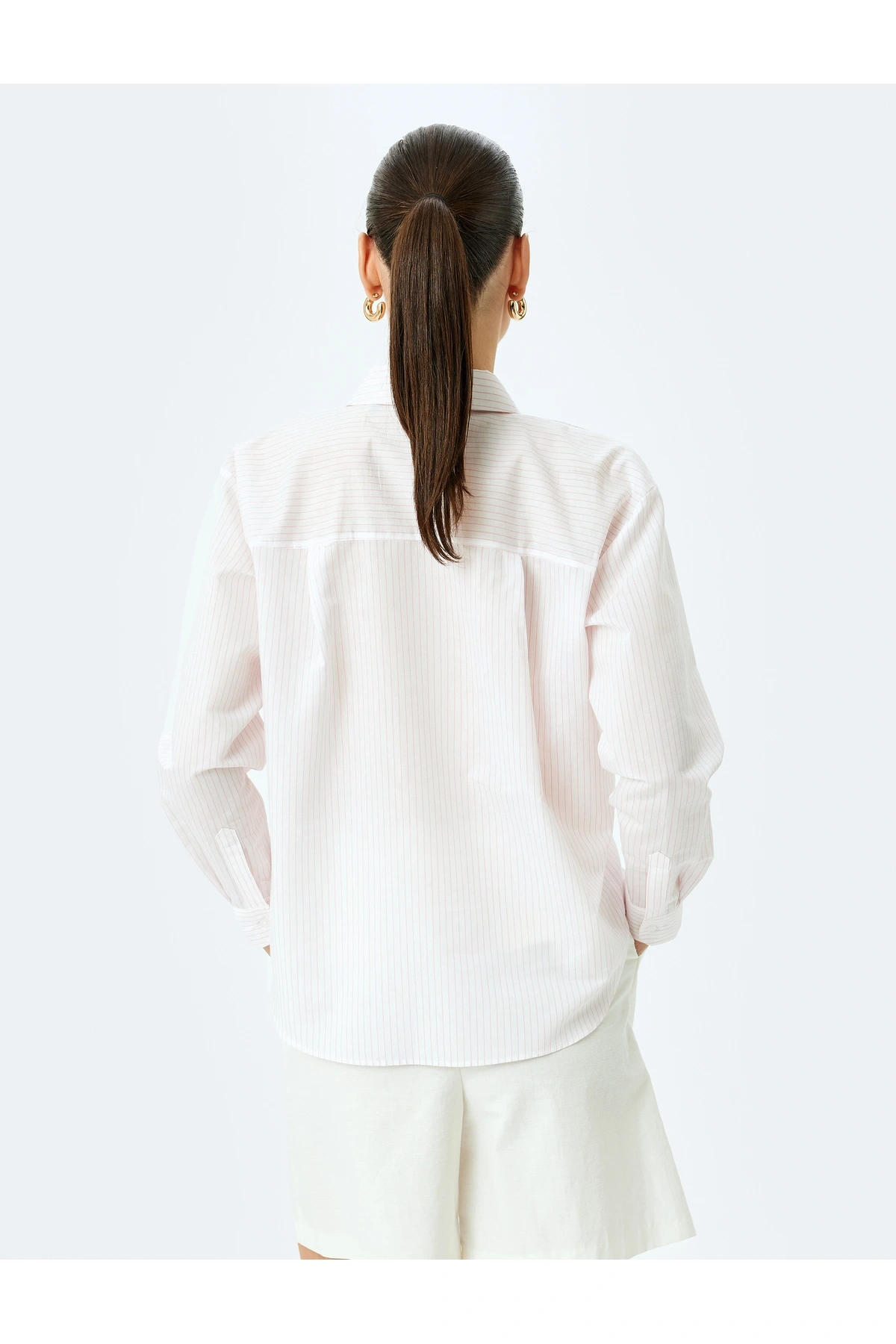 Taş İşlemeli Cepli Kısa Kollu Çizgili Oversize Gömlek