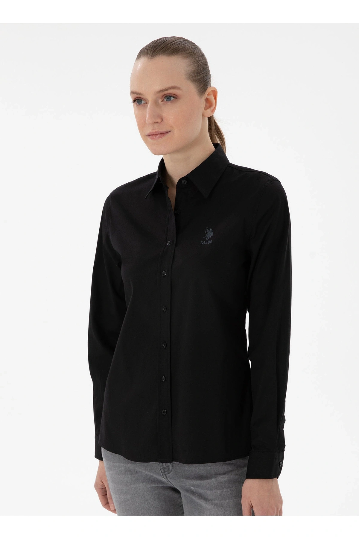 U.S. Polo Assn. U.S. Polo Assn. Slim Fit Gömlek Yaka Siyah Kadın Gömlek