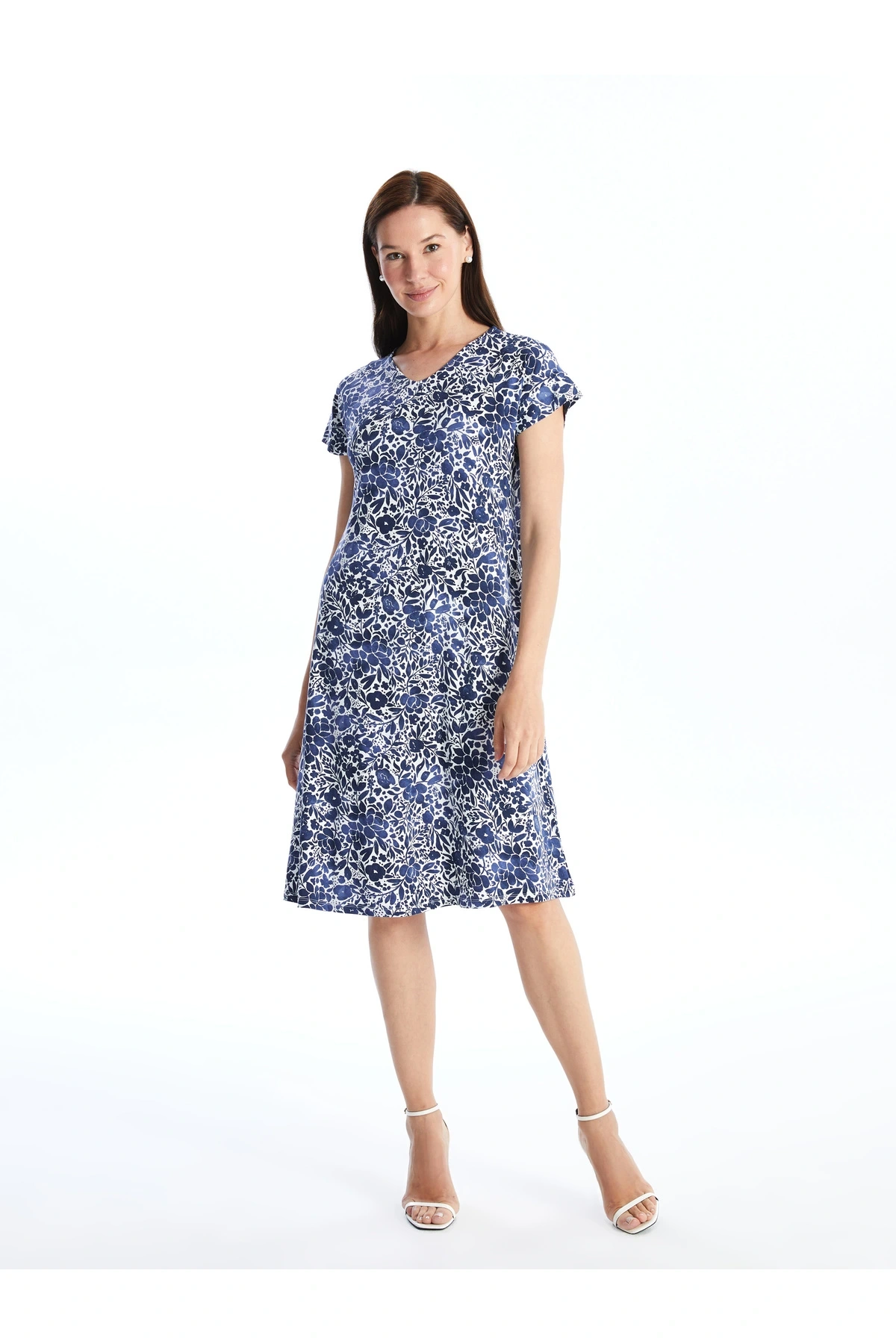 V Yaka Çiçekli A Kesim Kadın Elbise