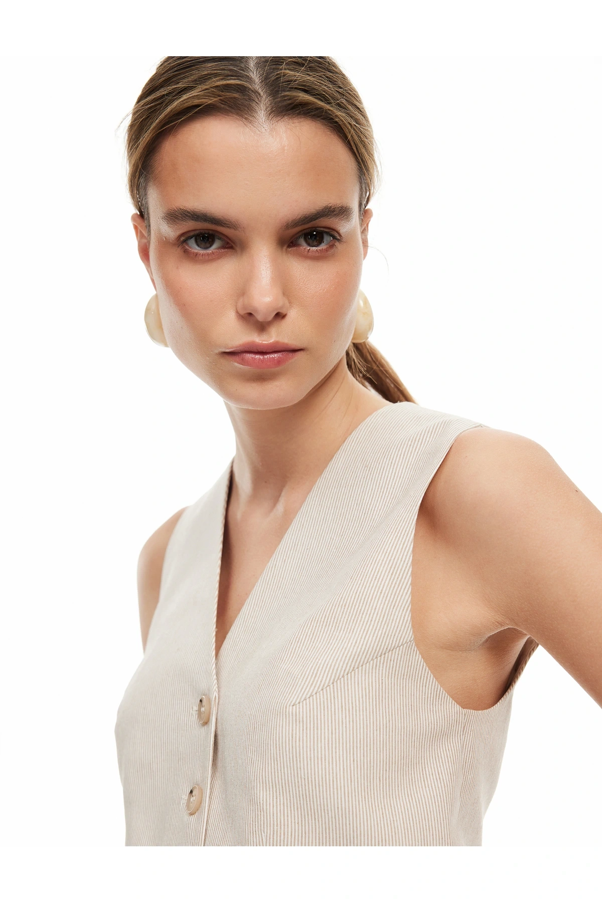 V Yaka Düğmeli Çizgili Blazer Yelek