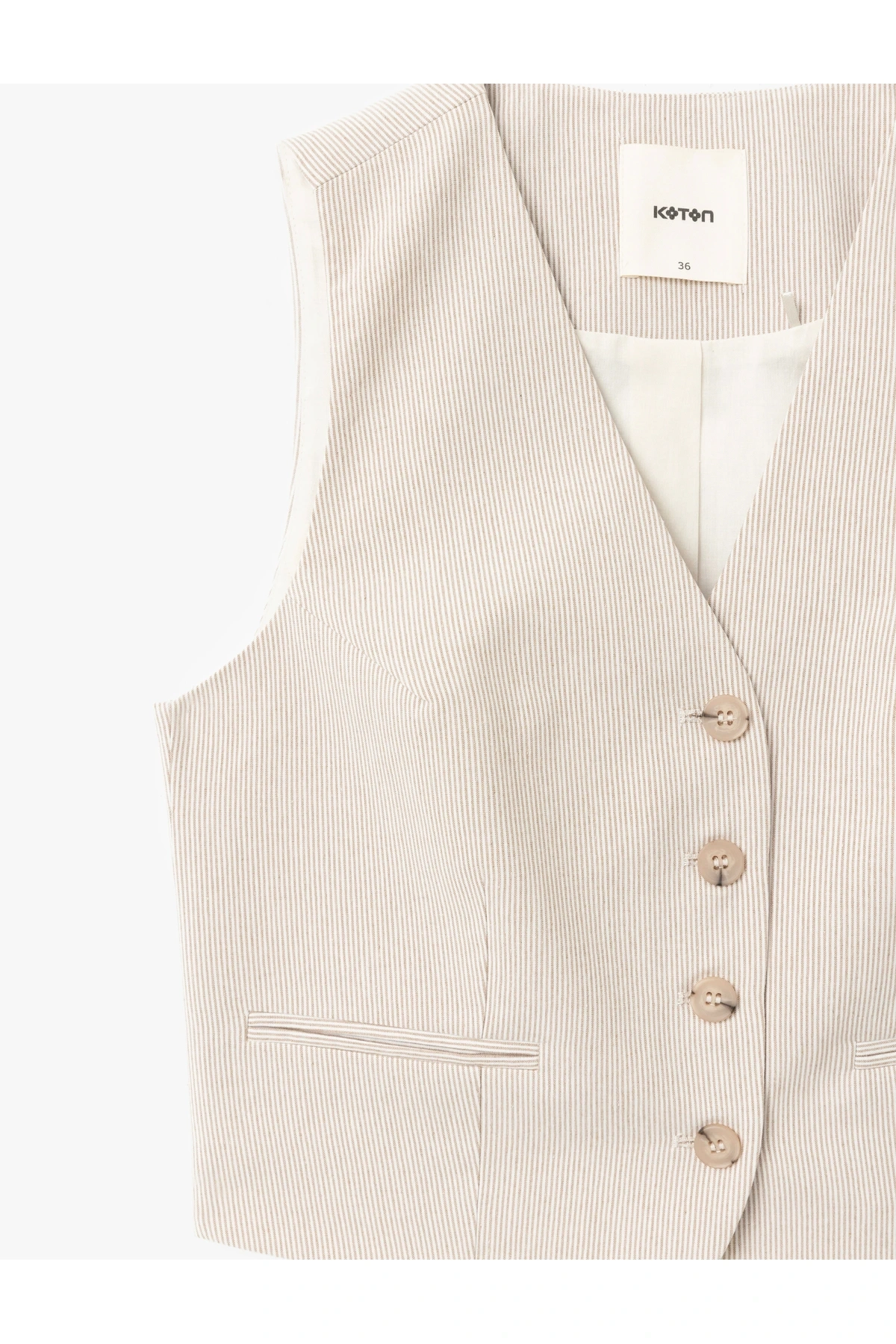 V Yaka Düğmeli Çizgili Blazer Yelek