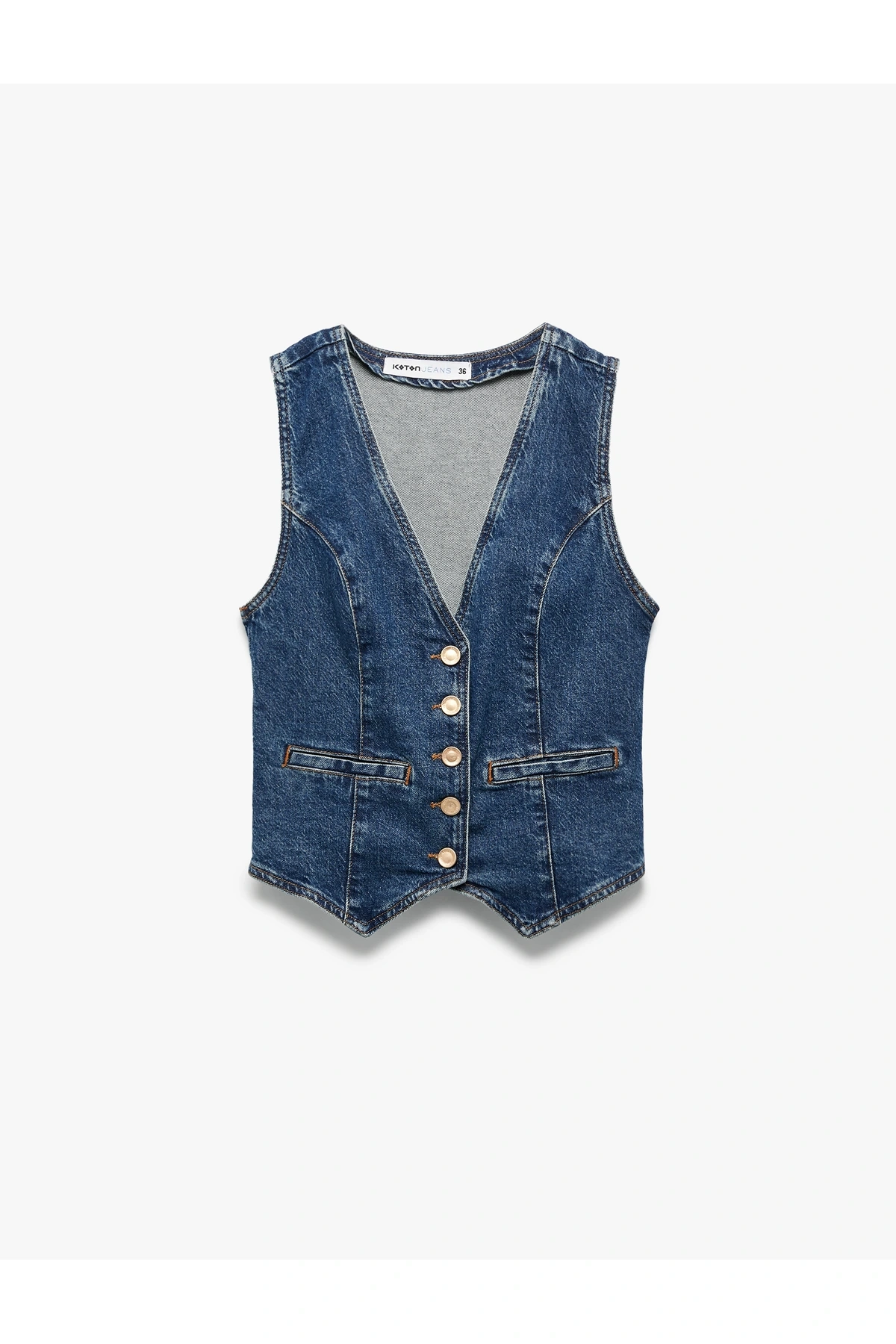 V Yaka Kolsuz Düğmeli Cep Detaylı Denim Yelek